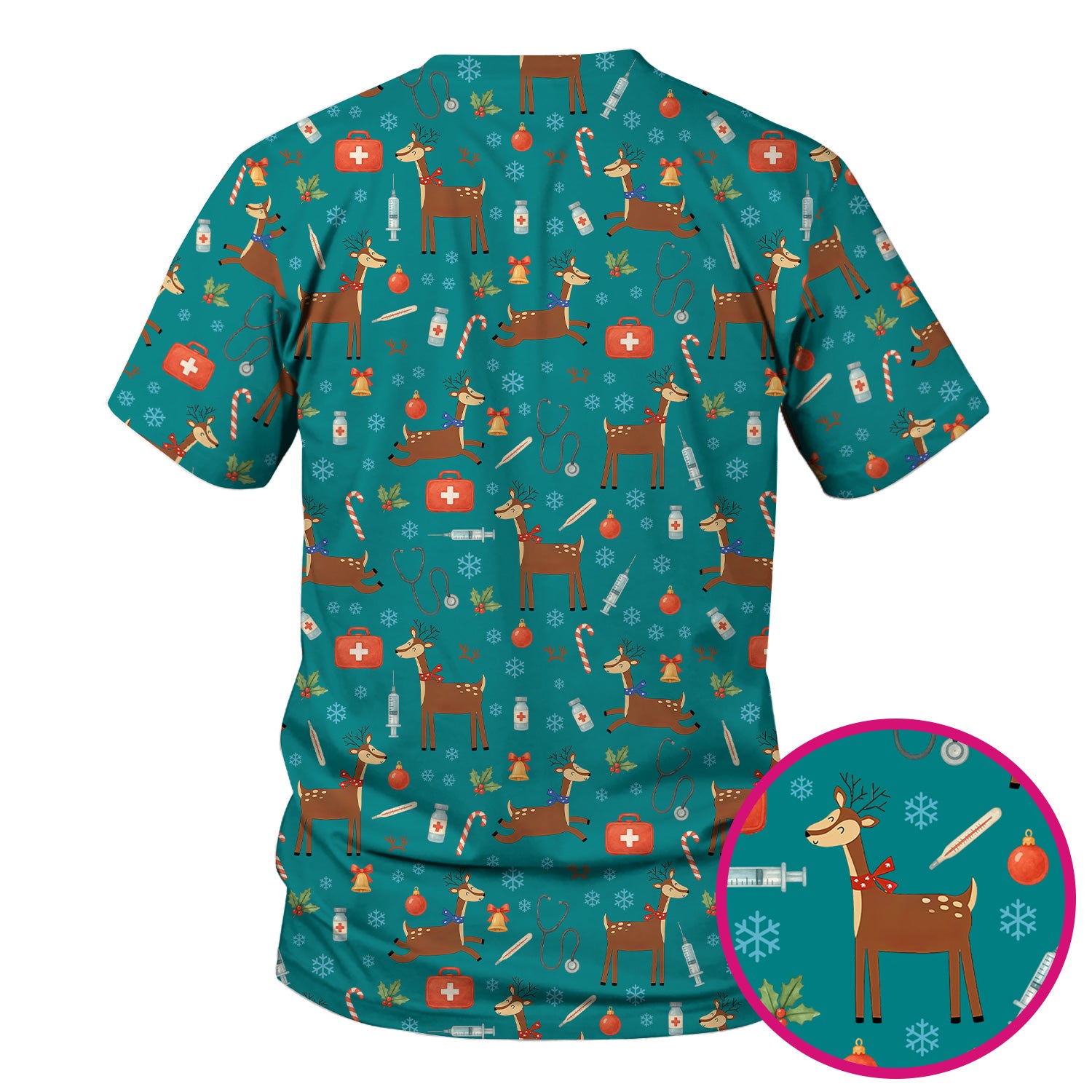Reindeer Christmas Scrub Top - Snowflakes Candy Canes Holiday Medical Shirt - Xmas Scrubs for Women RN CNA LPN
