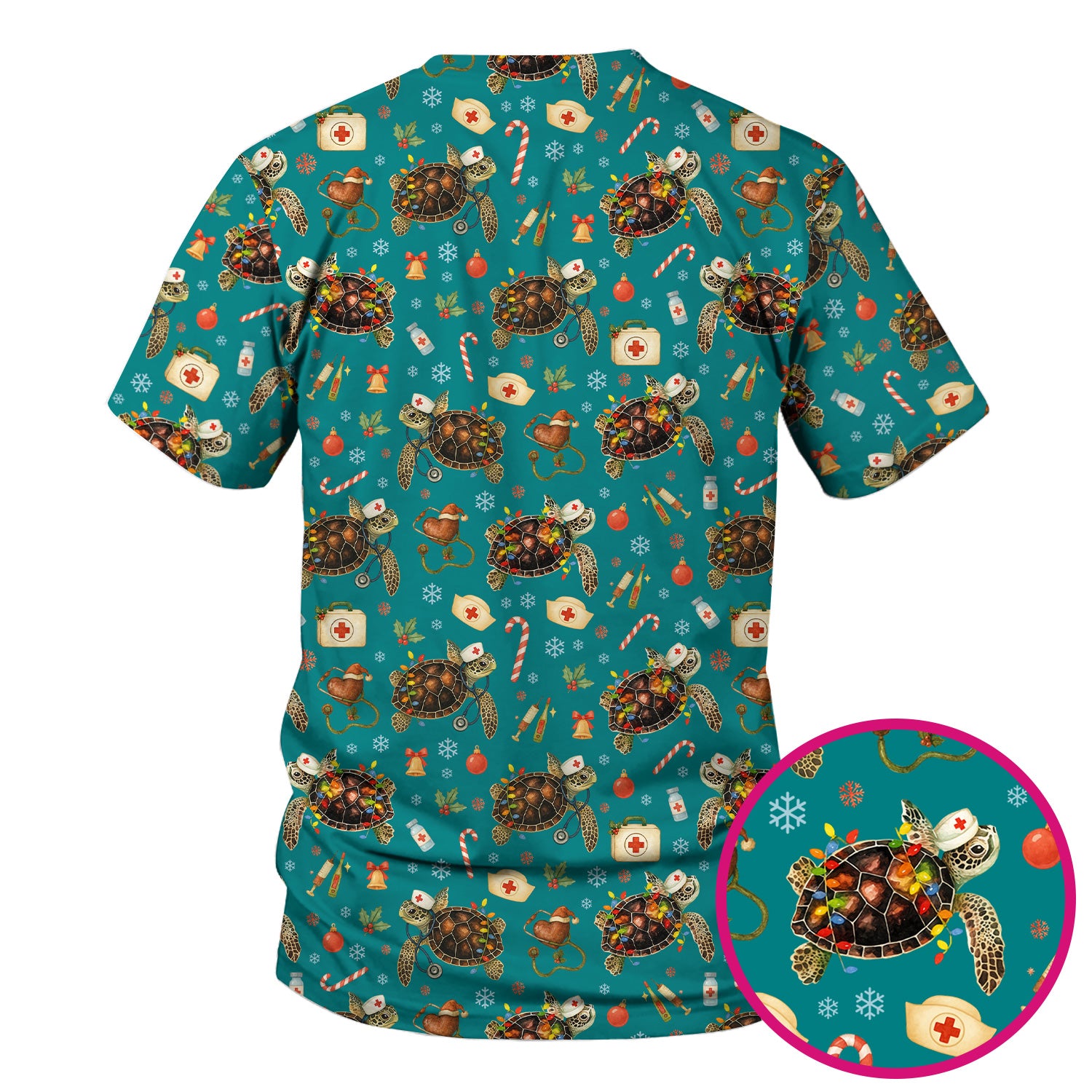 Funny Christmas Scrub Top - Sea Turtle with Xmas Lights Shirt - Holiday Nurse Scrubs for Women