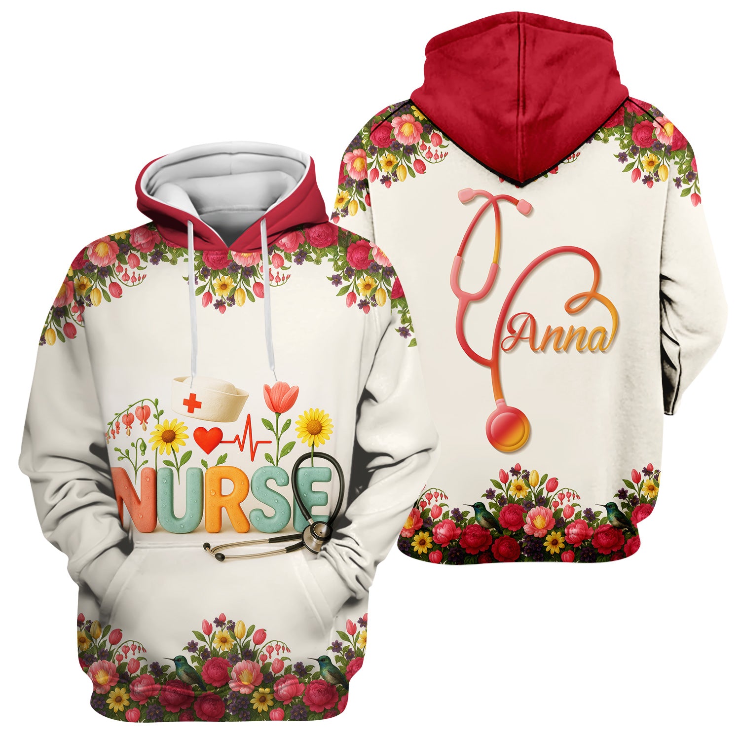 Personalized Floral Nurse Shirt with Name - Cute Colorful Flowers and Stethoscope Design - Thoughtful Gift for Women RN CNA LPN in Healthcare and Nursing Profession
