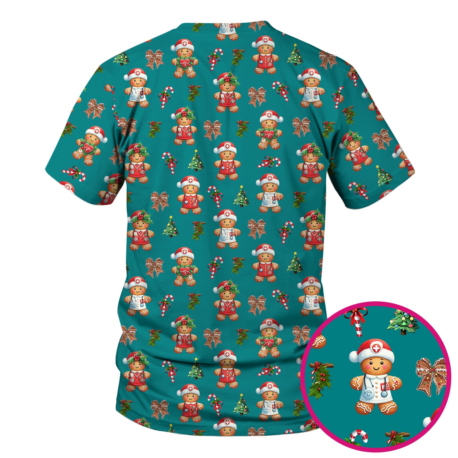Funny Christmas Scrub Top for Nurse - Adorable Gingerbread Candy Cane Bow- Festive Medical Uniform for Women