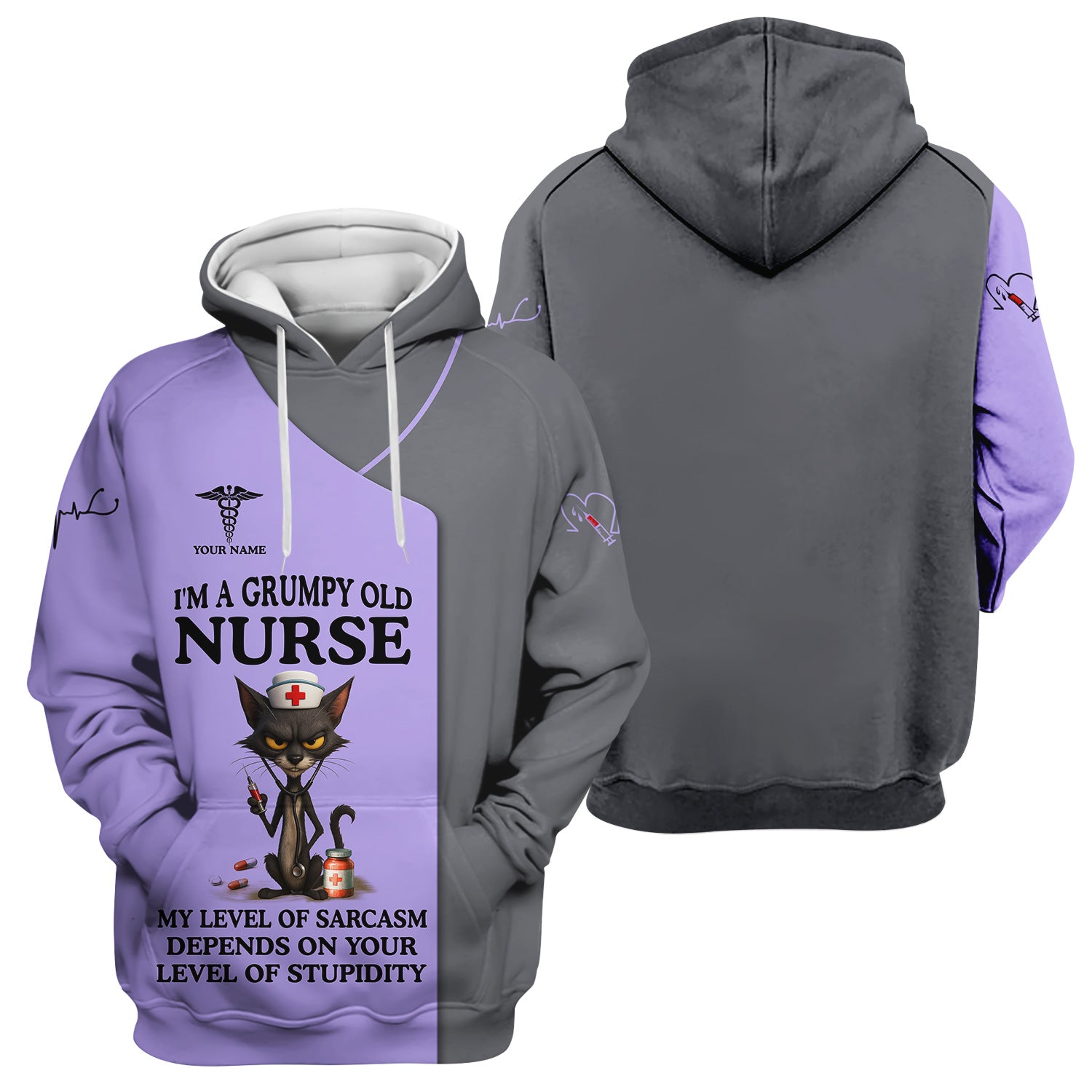 Sarcastic Grumpy Old Nurse Shirt - Black Cat Humo & Caduceus Symbol Design - Personalized Gift for RN LPN CNA Healthcare Workers