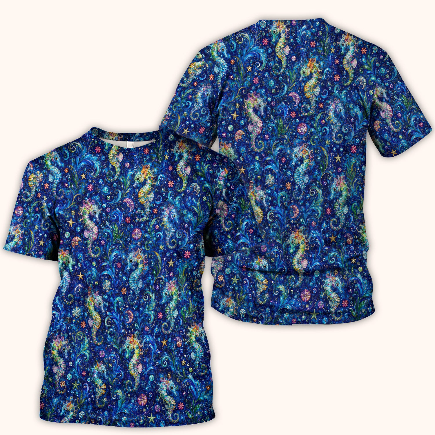 Vibrant Seahorse Ocean Swirl Pattern Scrub Top, Comfortable Scrubs for Nurses