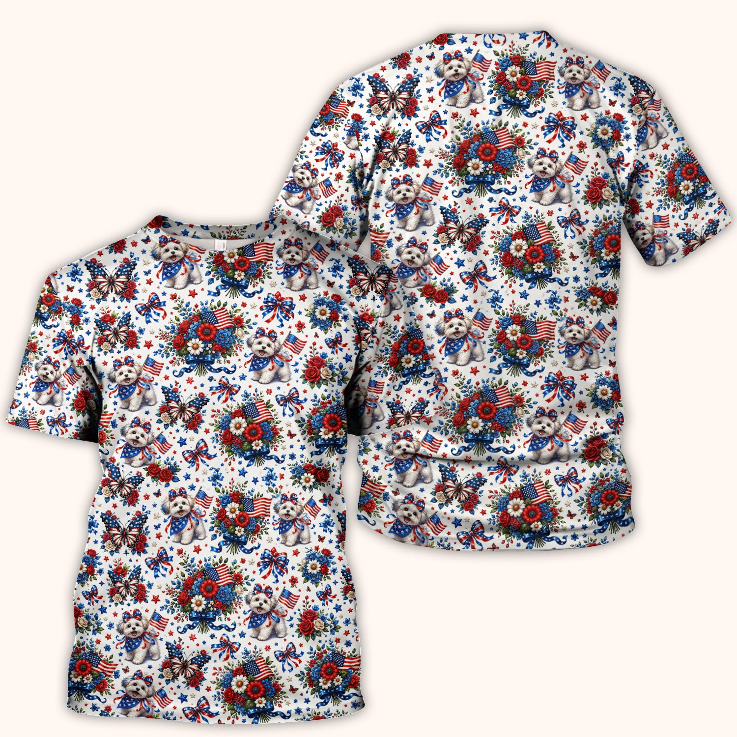 Patriotic Puppy Floral Bouquet Pattern Scrub Top, Comfortable Scrubs for Nurses
