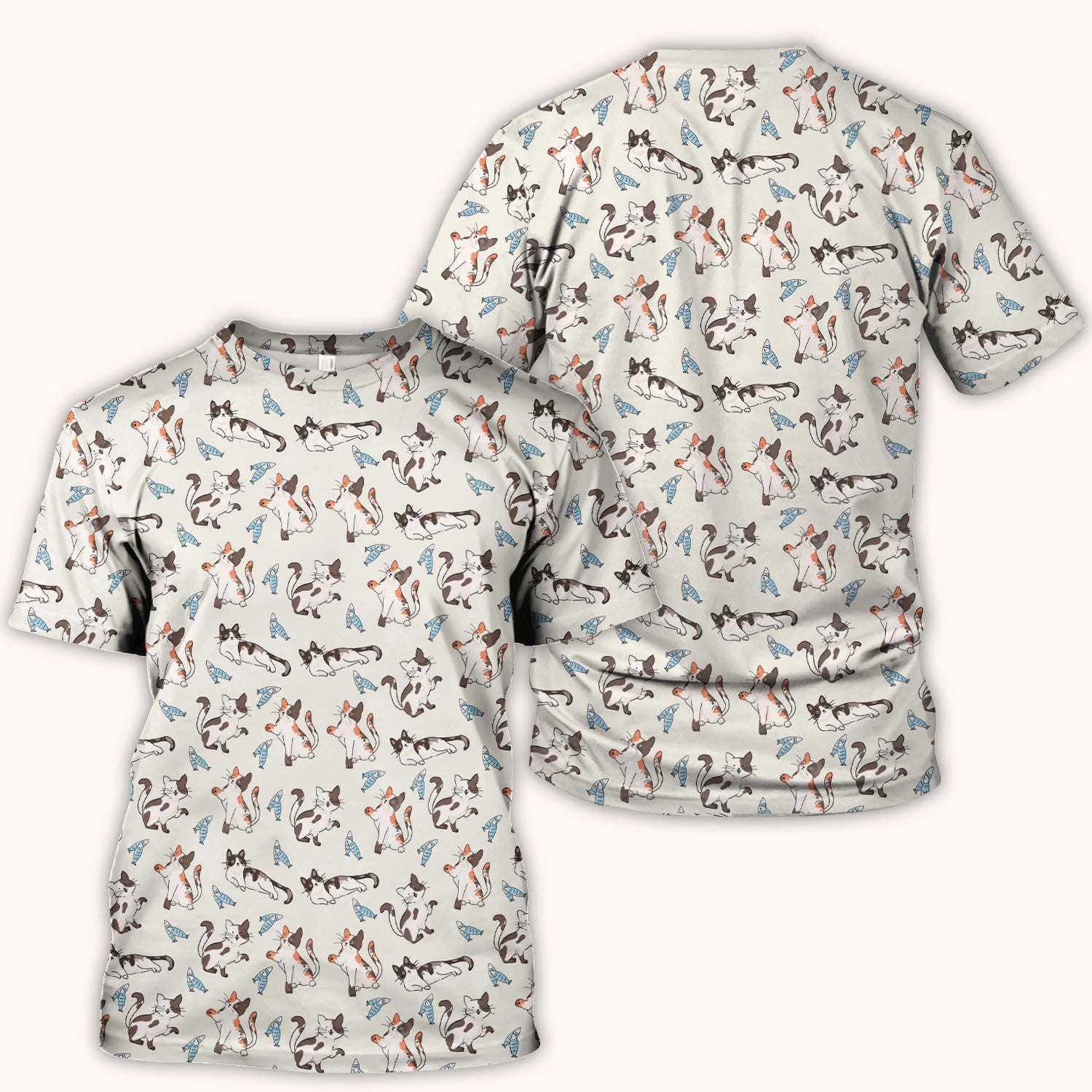 Cute Playful Cats With Fish Pattern Nurse Scrub Top, Comfortable Scrubs for Nurses