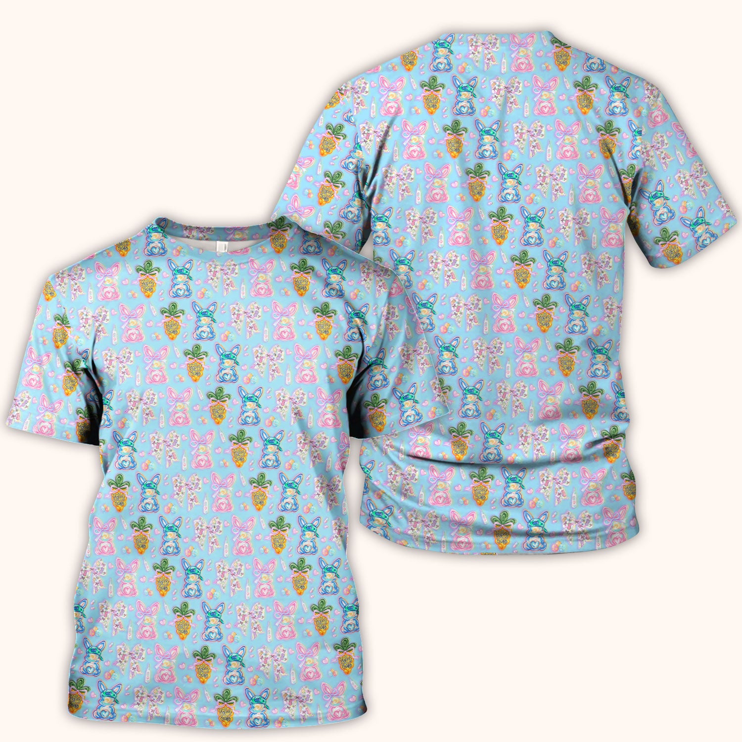 Easter Bunny Carrot Bow Floral Print Scrub Top, Comfortable Scrubs for Nurses