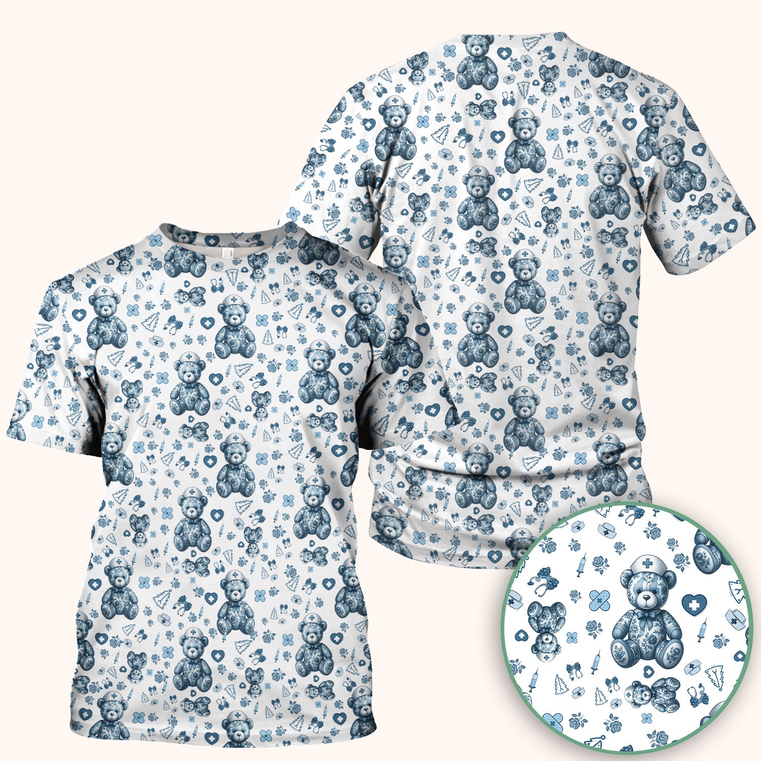 Toile Teddy Bear Nurse Scrub Top - Elegant Blue Toile de Jouy Pattern Medical Shirt for Women - Cute Vintage Nursing Uniform Gift