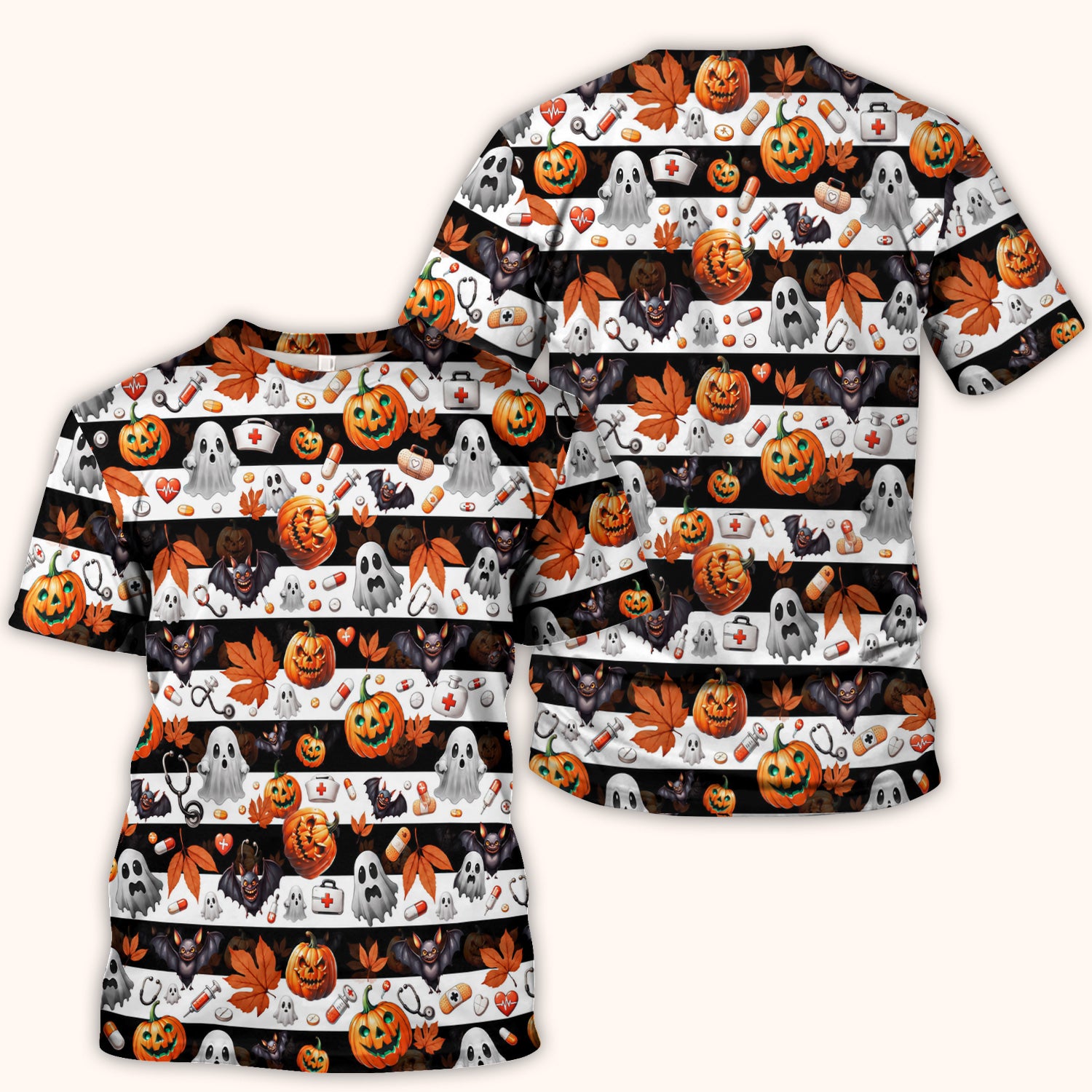 Halloween Ghost And Medical Icons Scrub Top, Comfortable Scrubs for Nurses