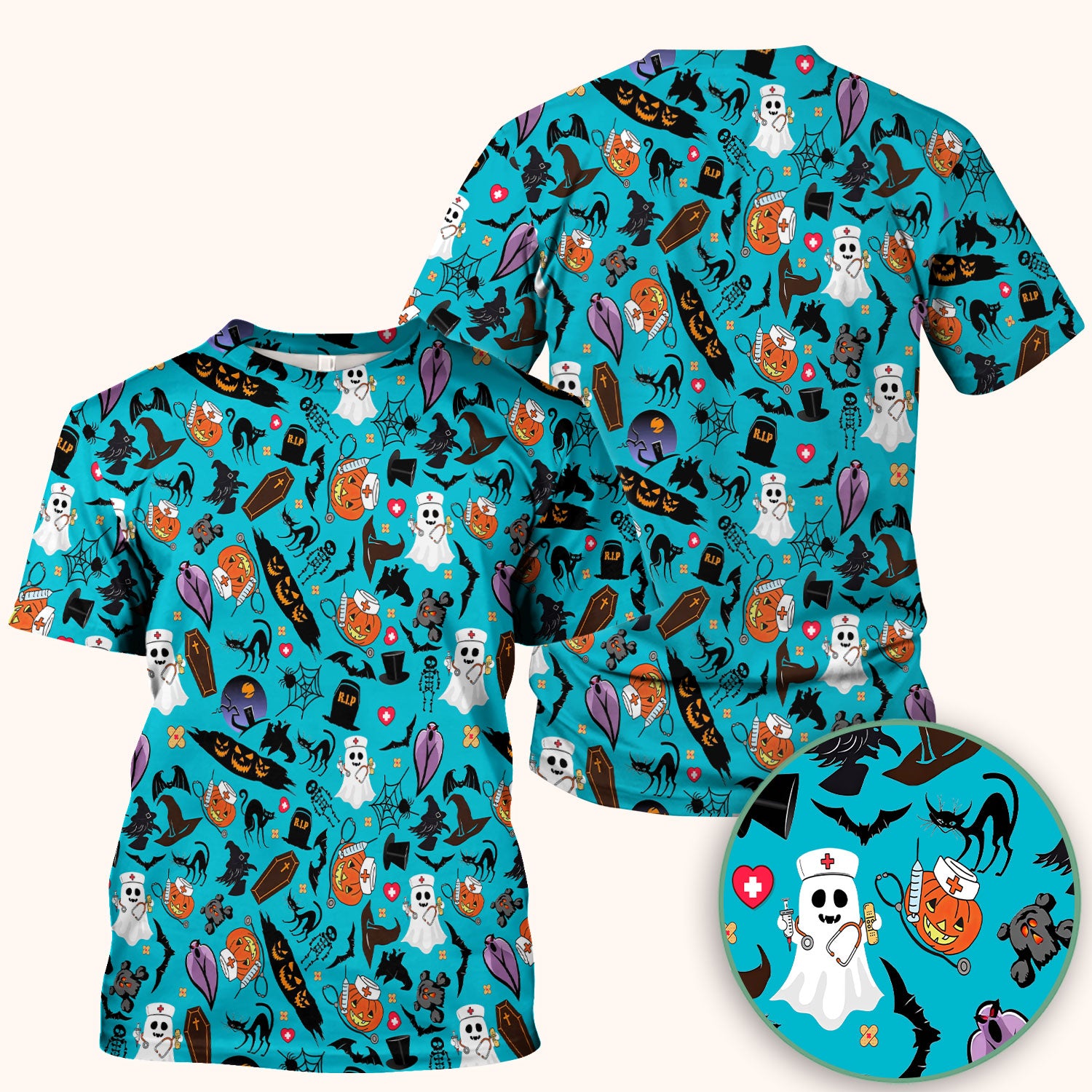 Spooky Halloween Scrub Top - Pumpkin Ghost Bat Nurse Shirt - Wicked Witch Medical Uniform for Women RN CNA LPN