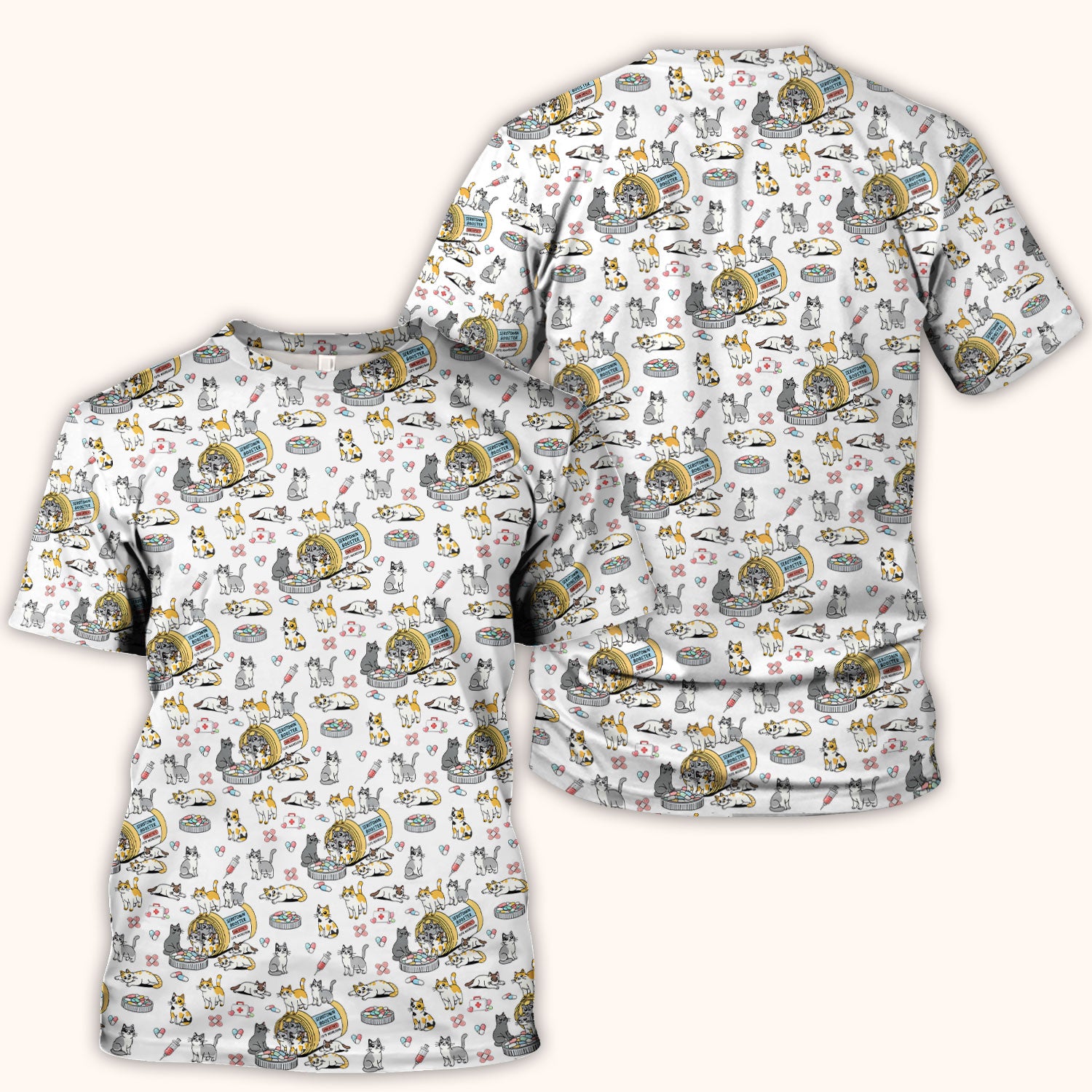 Cute Cat Serotonin Booster Pattern Scrub Top, Comfortable Scrubs for Nurses