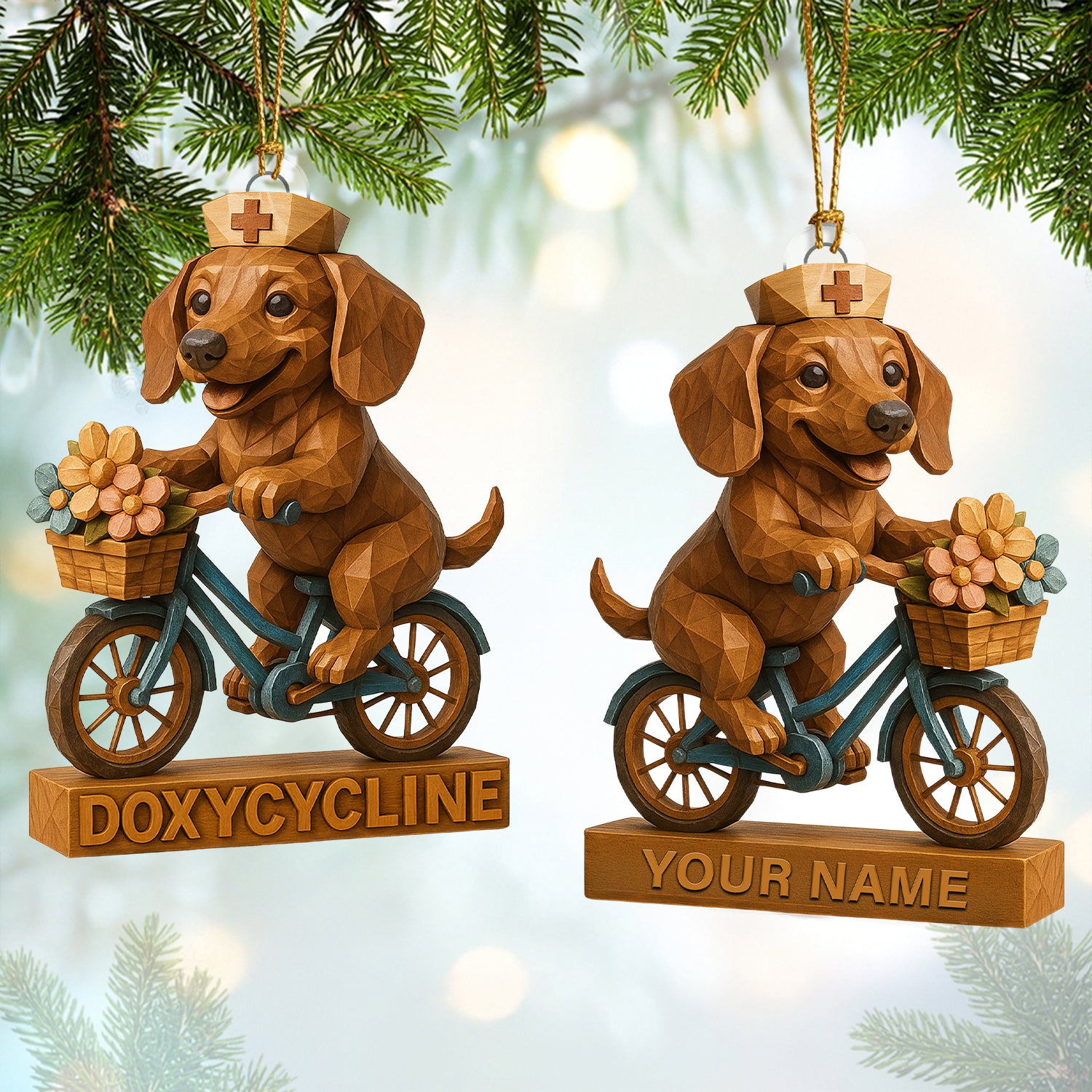 Personalized Dog Cycling Christmas Decor, Custom Name Dachshund Nurse Ornament, Nursing Gift For Dog Lovers