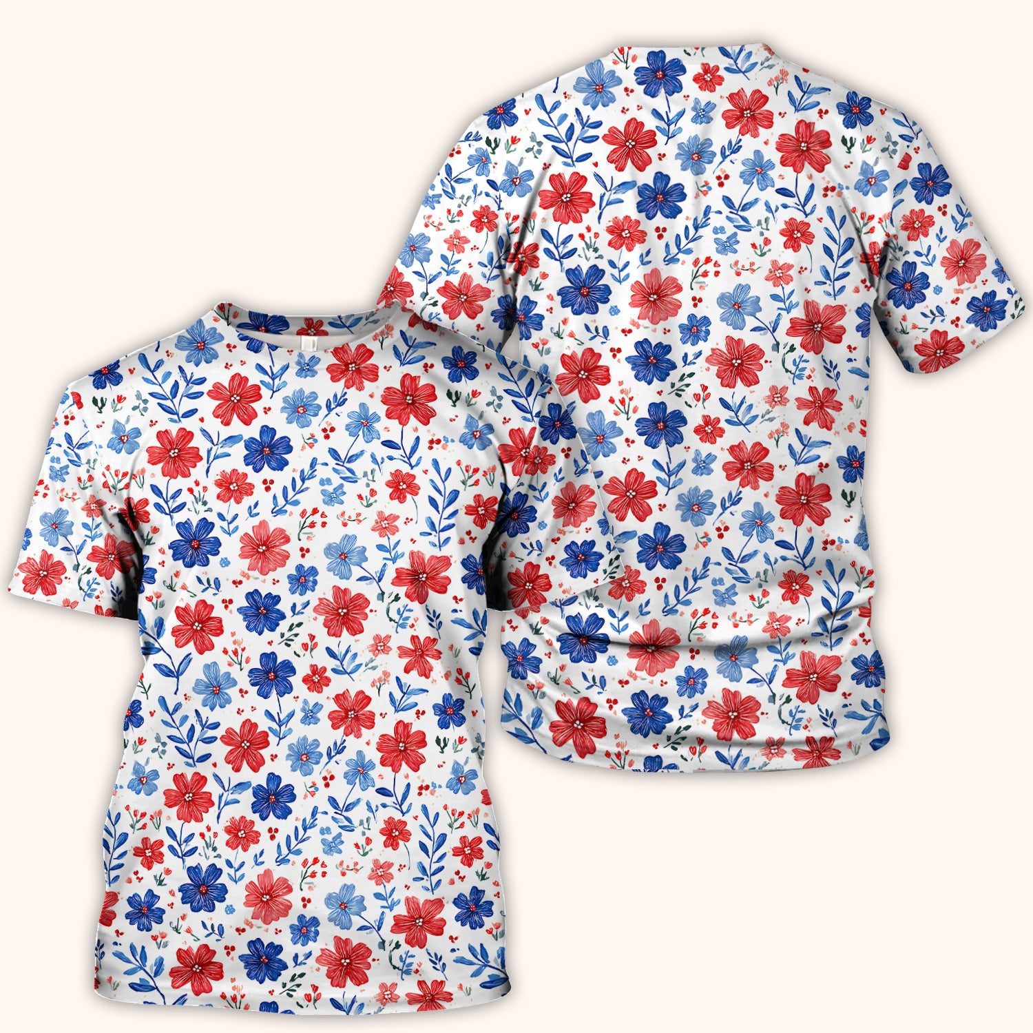 Patriotic Red White Blue Floral Print Scrub Top, Comfortable Scrubs for Nurses