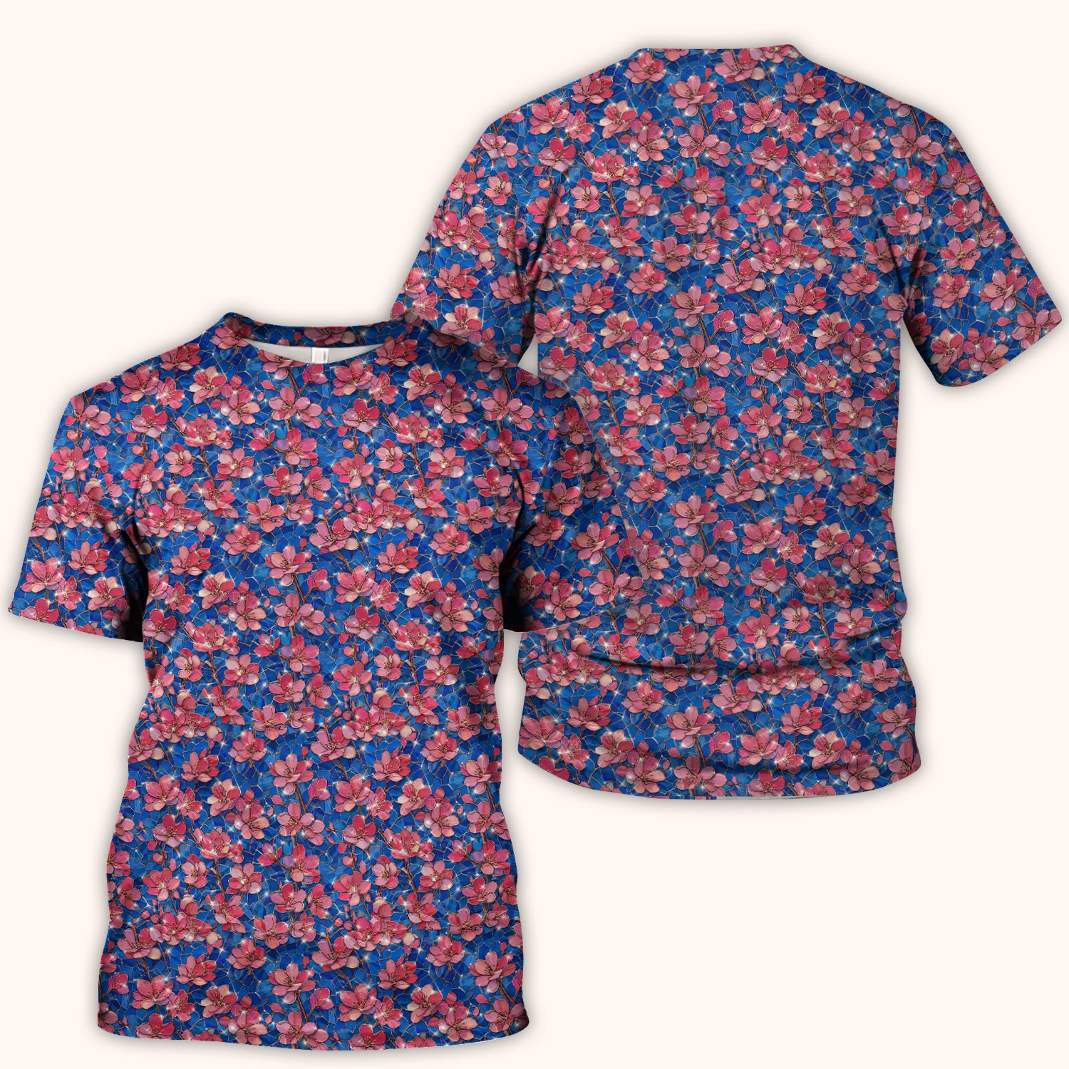 Pink Cherry Blossom Floral Pattern Scrub Top, Comfortable Scrubs for Nurses
