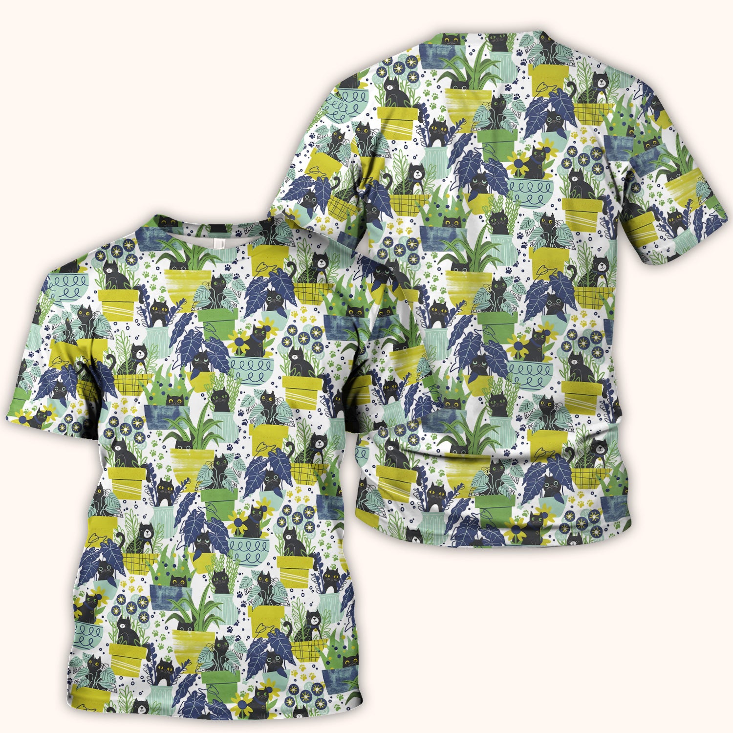 Black Cat Planter Garden Pattern Scrub Top, Comfortable Scrubs for Nurses