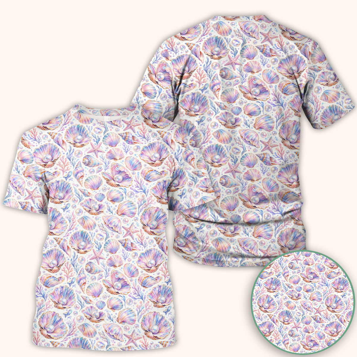 Pastel Seashell And Pearl Pattern Scrub Top, Comfortable Scrubs for Nurses