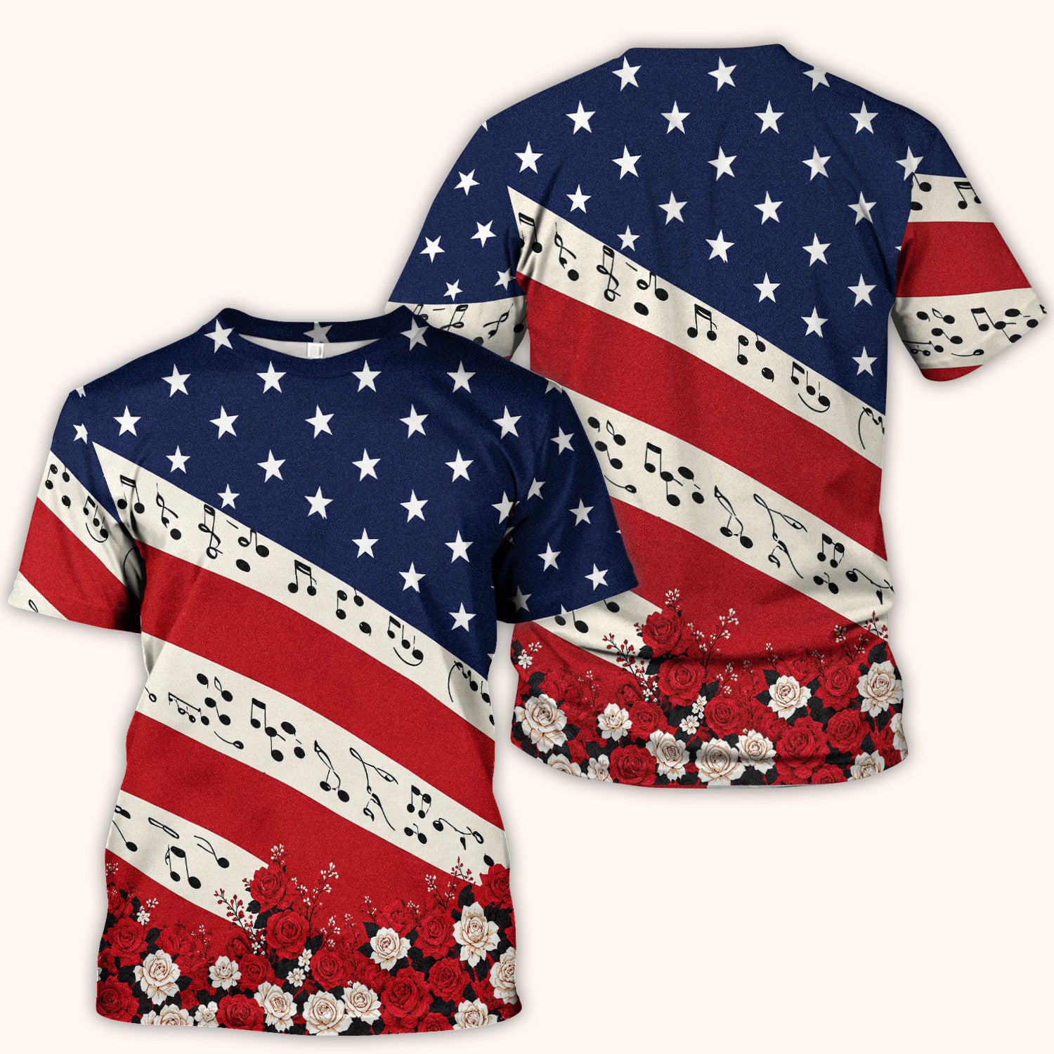 Patriotic Music Notes Nurse Scrub Top for RN, CNA, Healthcare Workers, Floral USA Uniform Scrub Top, Comfortable Scrubs for Nurses
