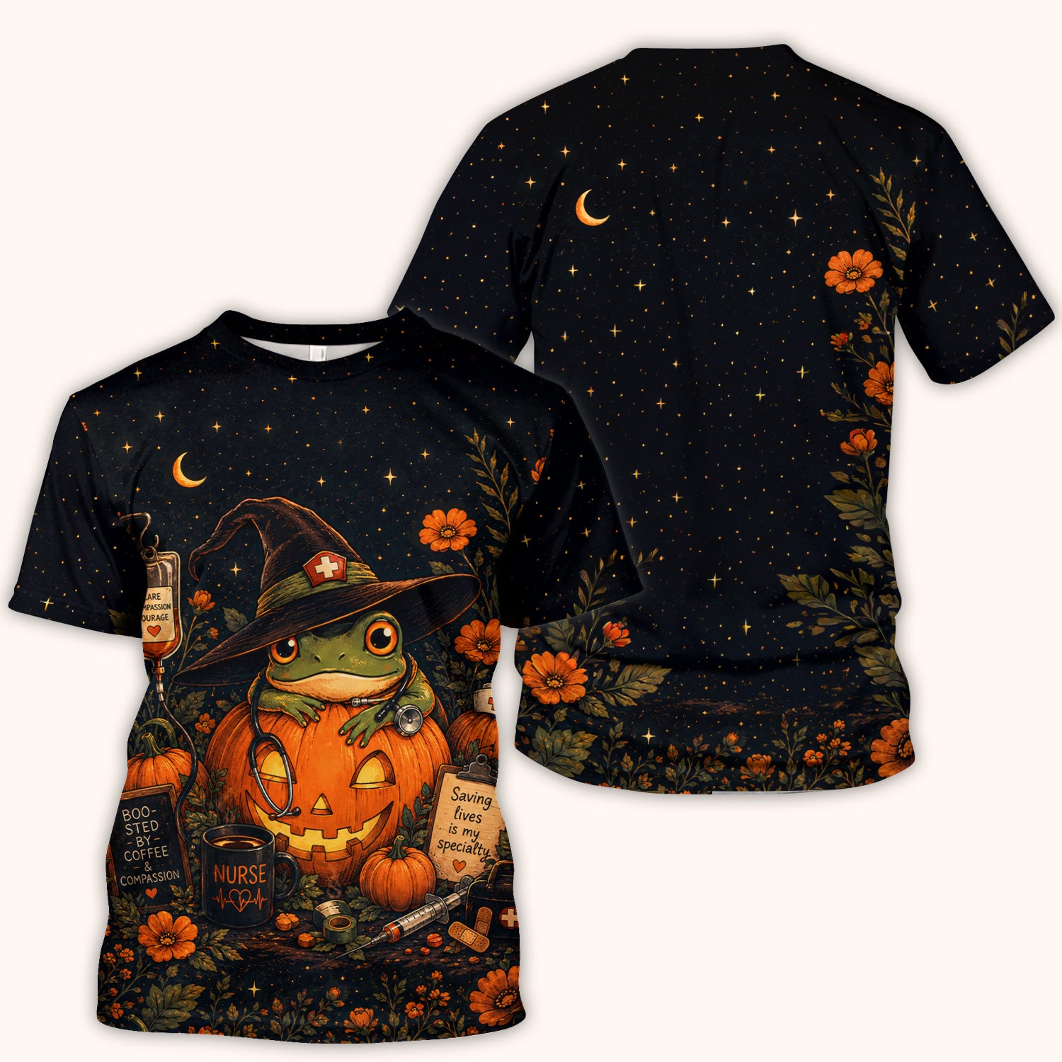 Halloween Witch Frog Pumpkin Scrub Top, Comfortable Scrubs for Nurses