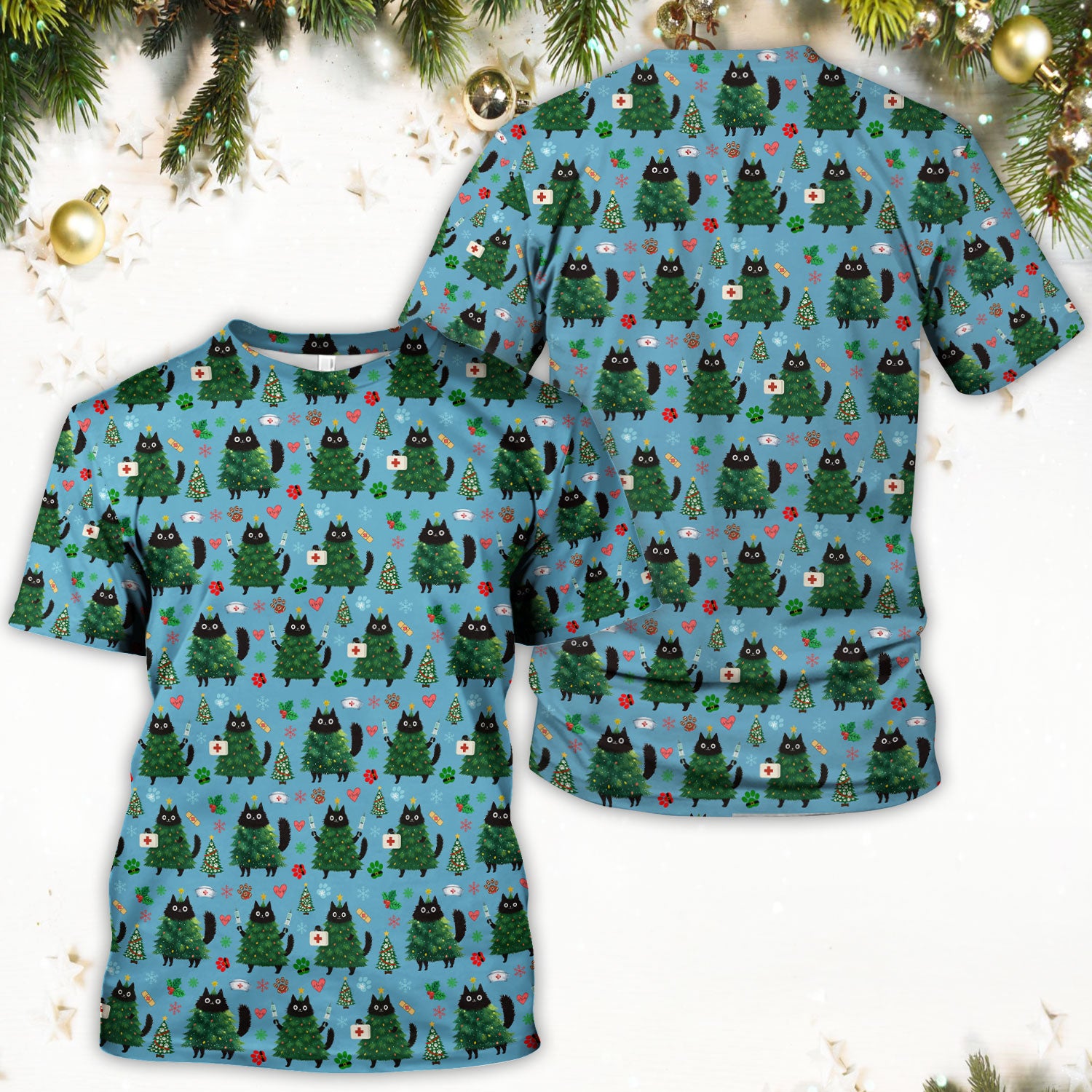 Christmas Nurse Scrub Top, Xmas Black Cat Pattern Nurse Shirt,  Breathable Fabrics Nursing Uniform
