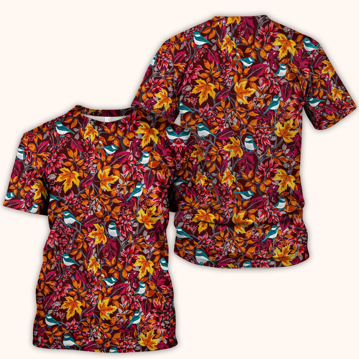 Autumn Leaves Blue Bird Pattern Print Scrub Top, Breathable Fabrics Nursing Uniform