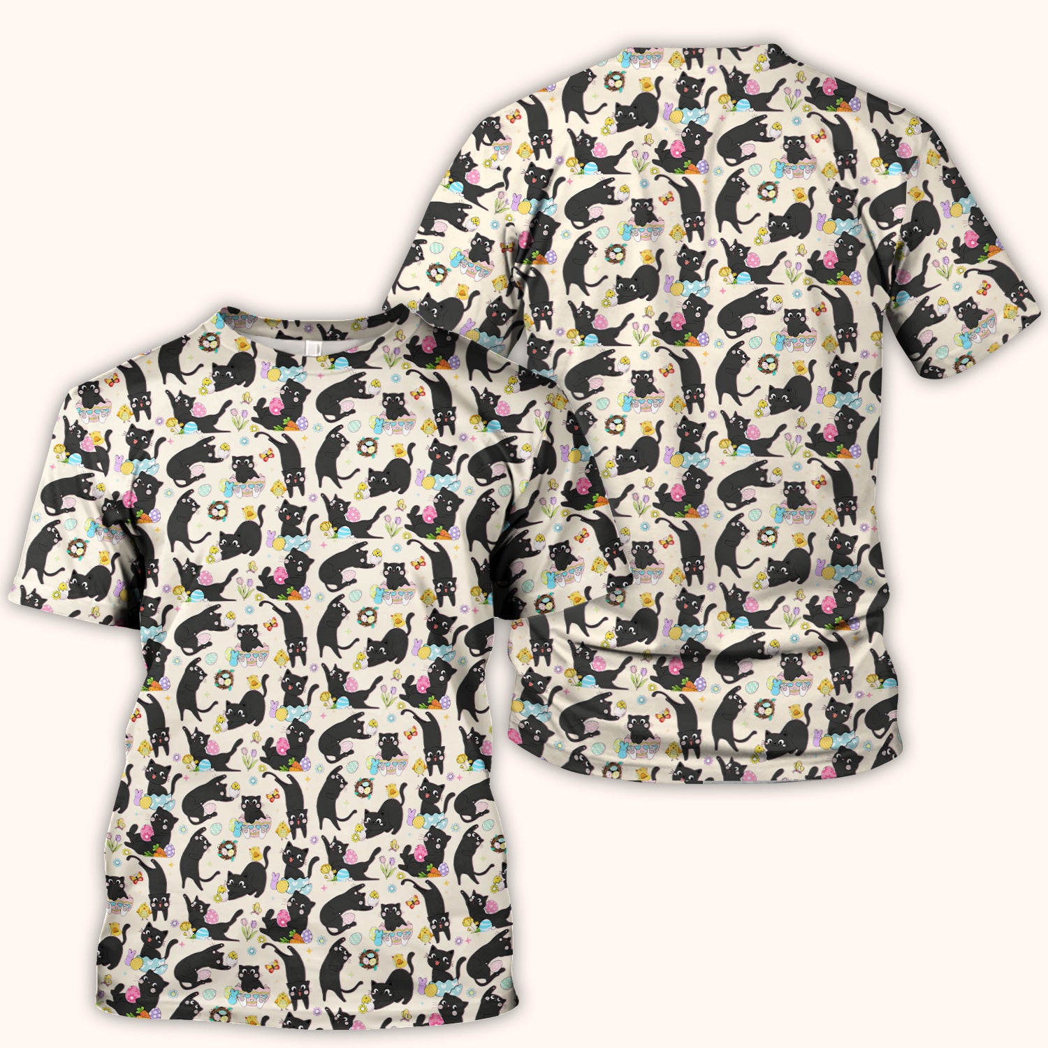 Playful Black Cat Easter Egg Pattern Scrub Top, Comfortable Scrubs for Nurses