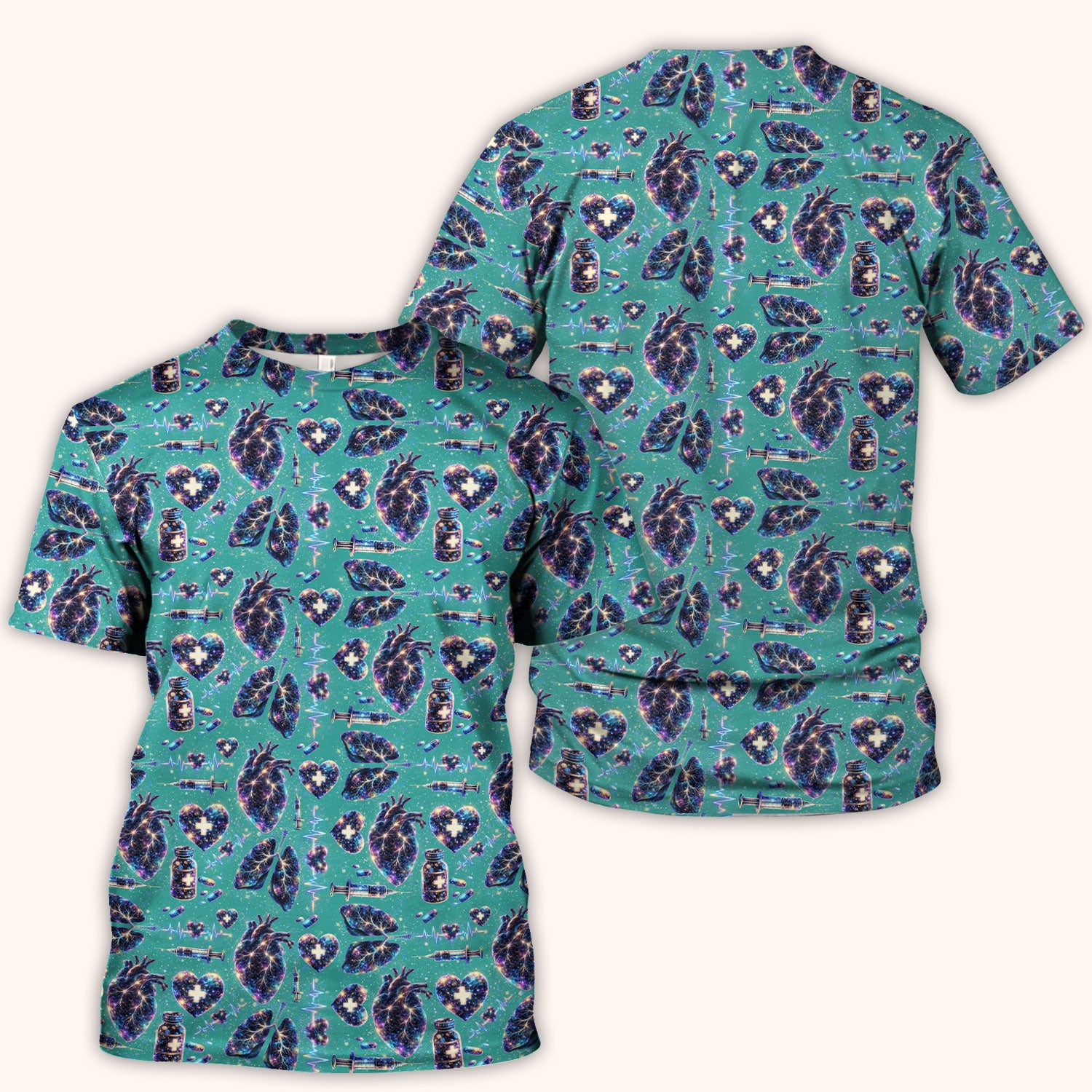 Galaxy Anatomical Heart Lung Syringe Print Scrub Top, Breathable Fabrics Nursing Uniform