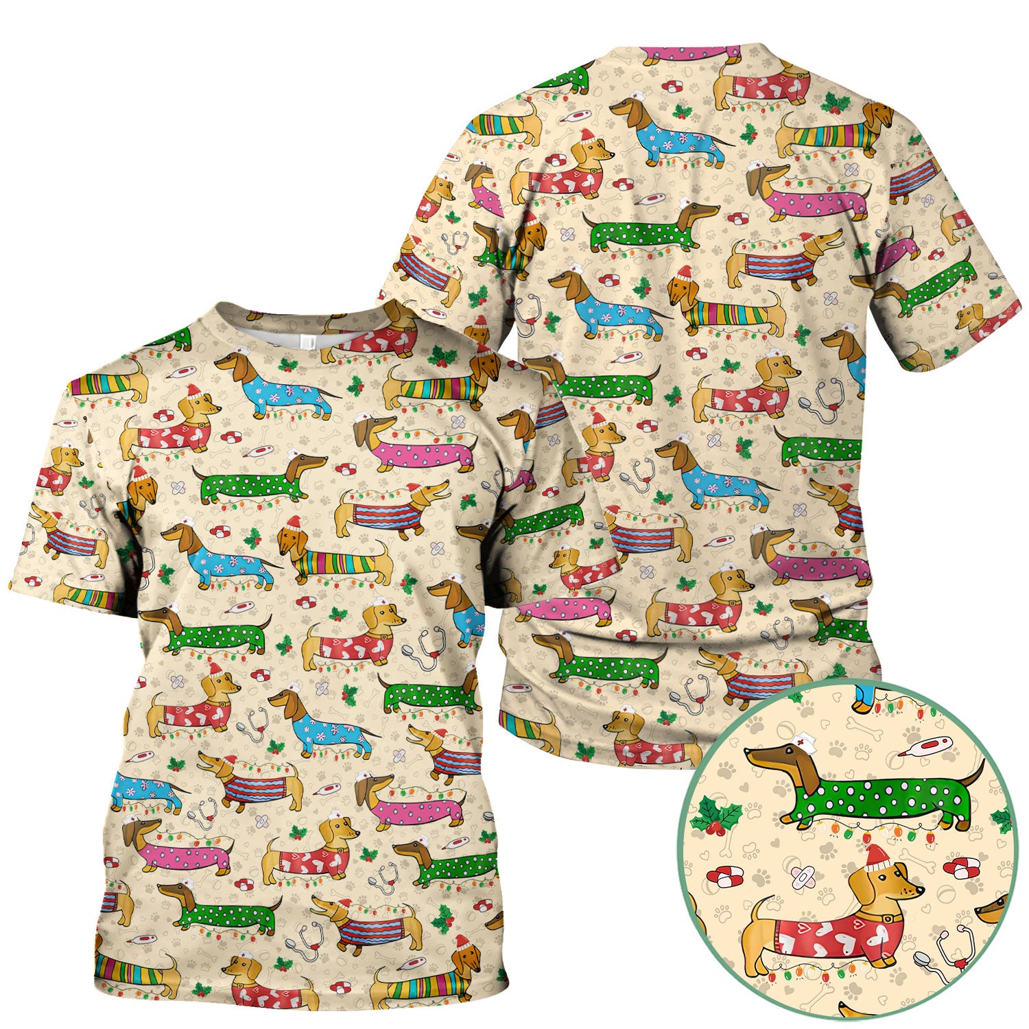 Christmas Dachshund Nurse Scrub Top - Cute Wiener Dog in Holiday Outfit - Funny Medical Shirt Gift for Women RN LPN CNA