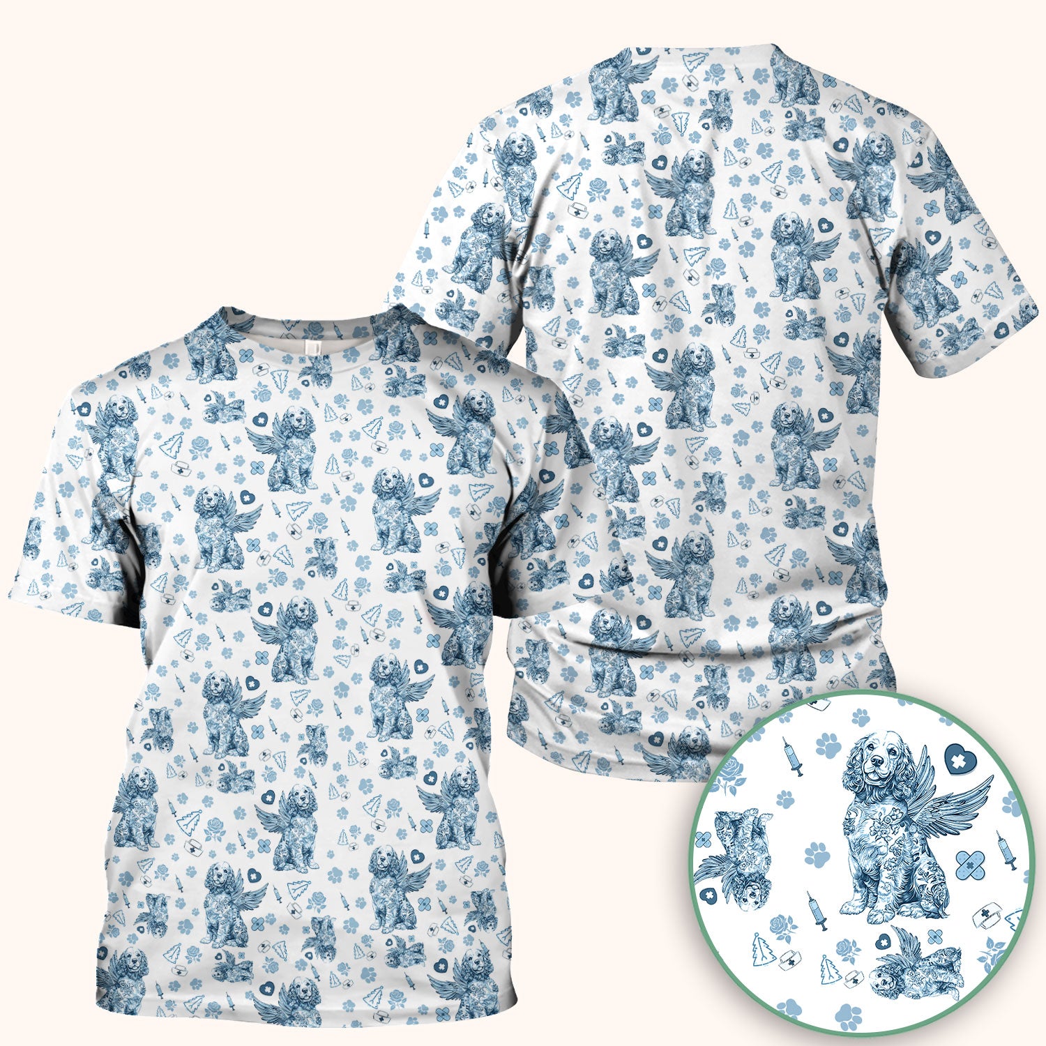 Toile De Jouy Scrubs for Nurses - Angel Puppy Medical Uniform - Floral Dog in Heaven Gift for Women, Vet Techs, RN CNA LPN
