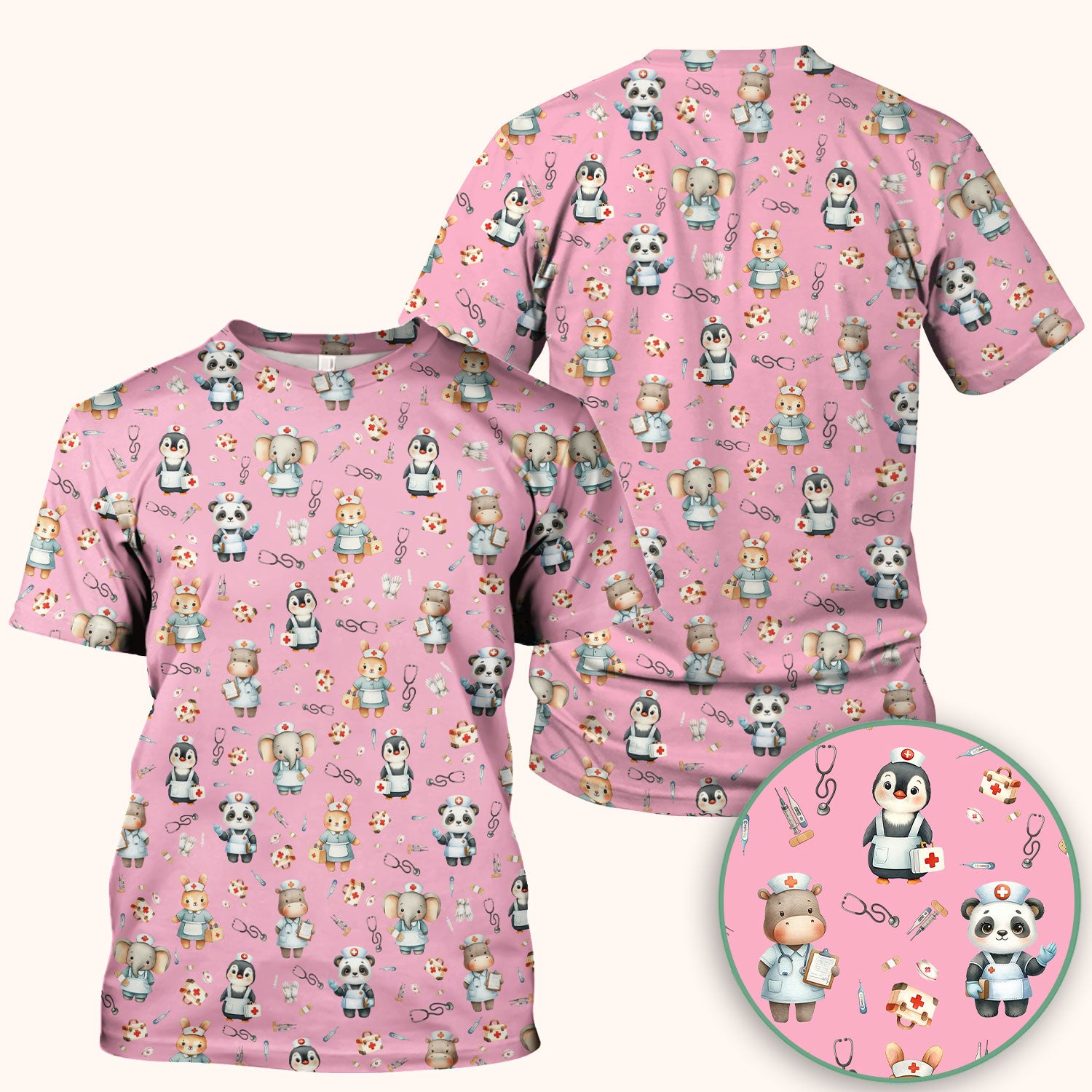 Cute Animal Scrub Top for Women - Panda Bunny Penguin Print Med Uniform - Comfortable Pastel Scrubs for Nurses