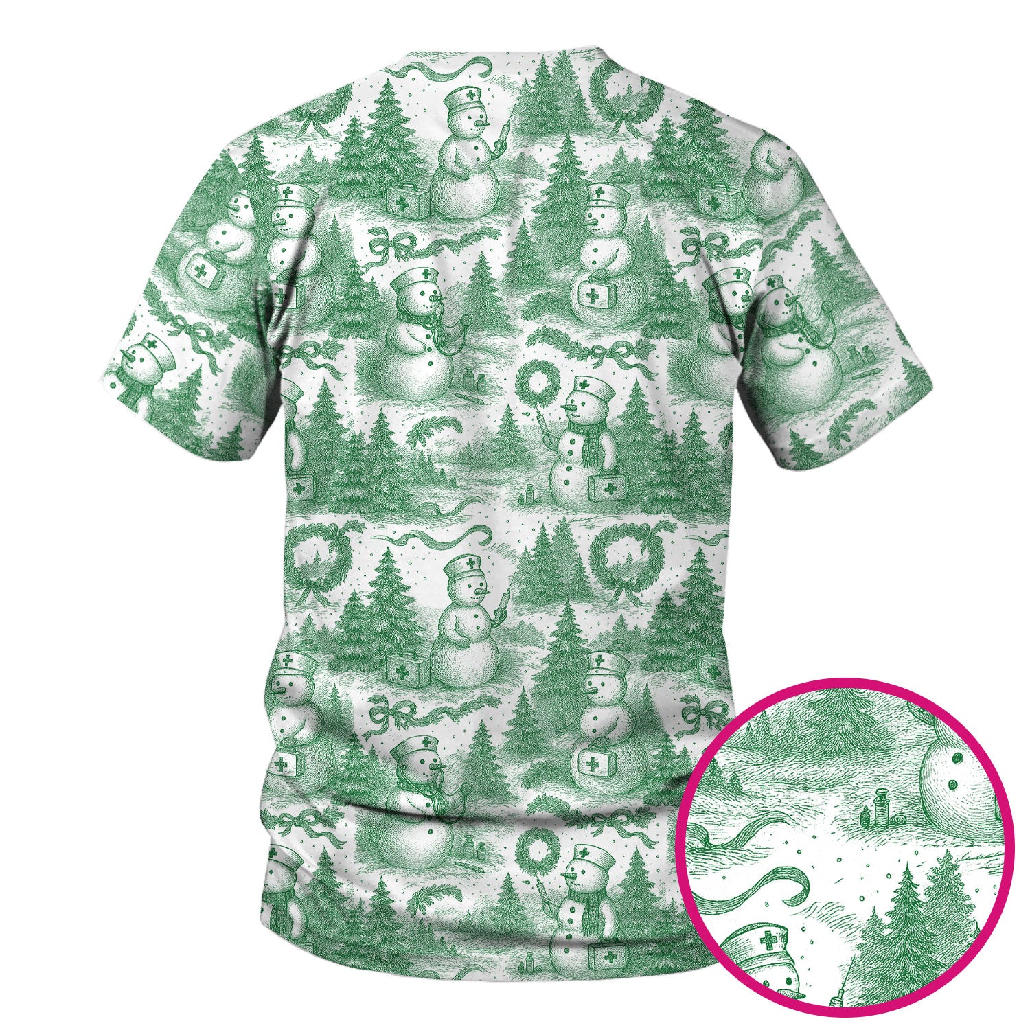 Christmas Scrub Top for Women – Toile de Jouy Snowman and Medical Pattern – Vintage Holiday Nurse Scrubs for Festive Season