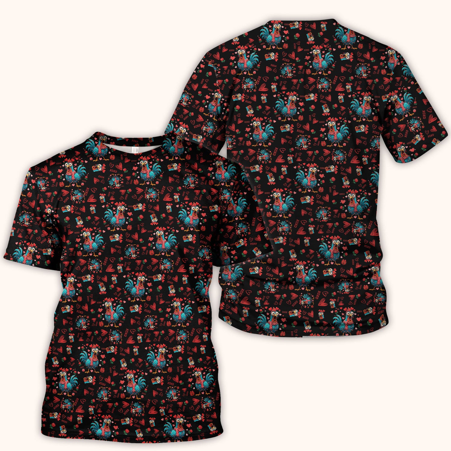 Funny Rooster Valentine Scrub Top, Cute Chicken XOXO Heart Pattern Nurse Shirt, Breathable Fabrics Nursing Uniform