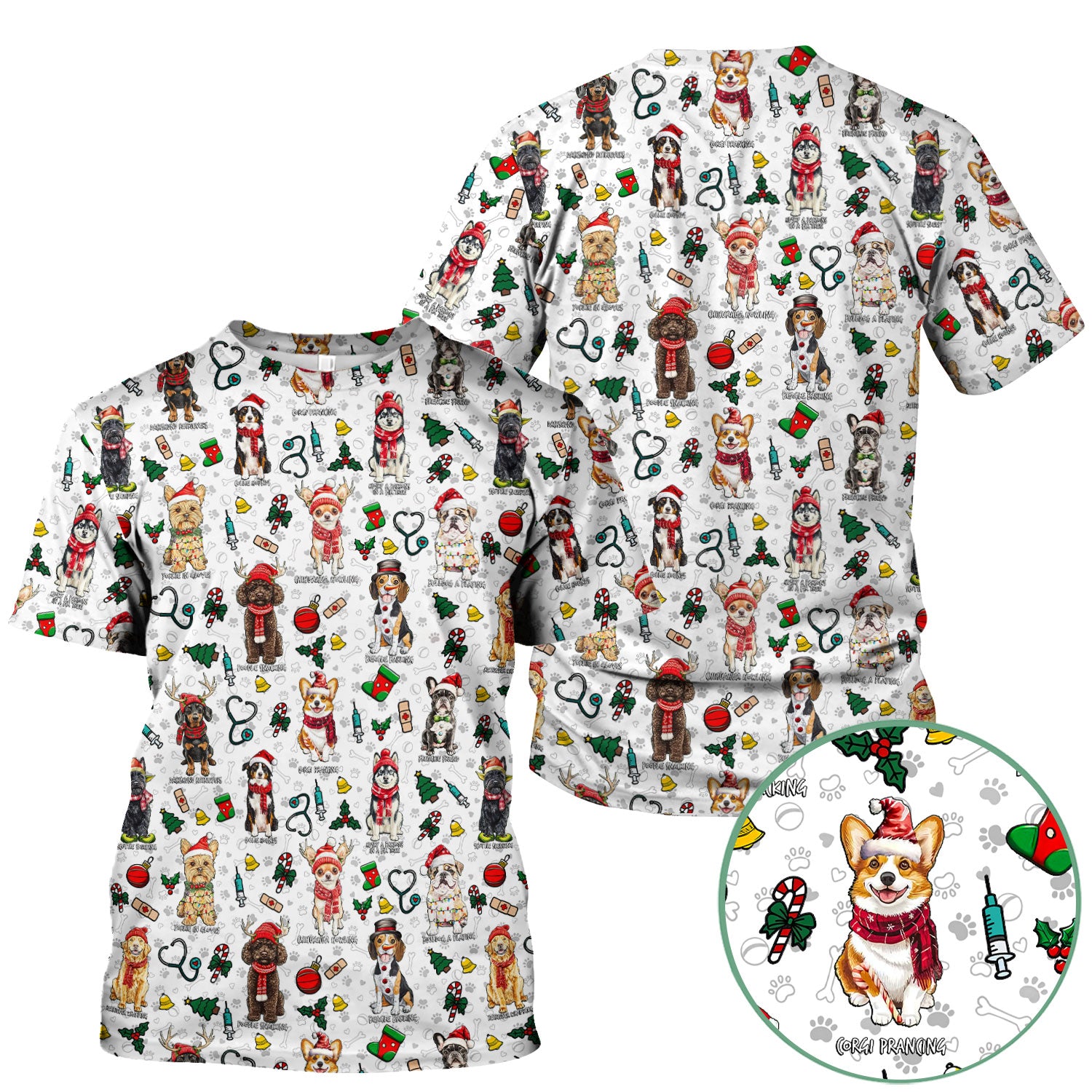 Cute Christmas Dog Scrubs for Nurses - Corgi, Dachshund, Husky, Poodle & Labrador - Funny Holiday Medical Scrub Top for Women