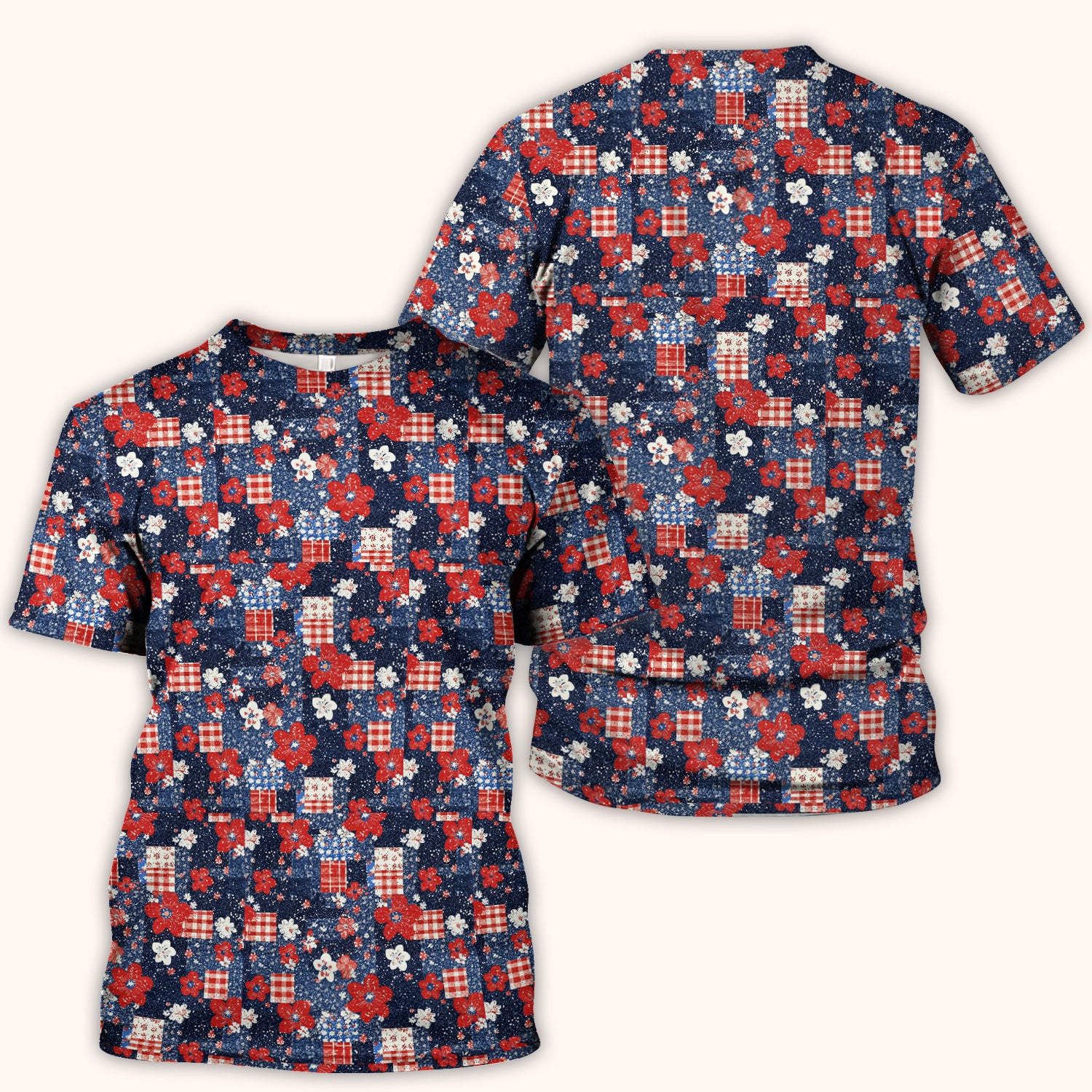 Patriotic Gingham Floral Patchwork Pattern Scrub Top, Comfortable Scrubs for Nurses