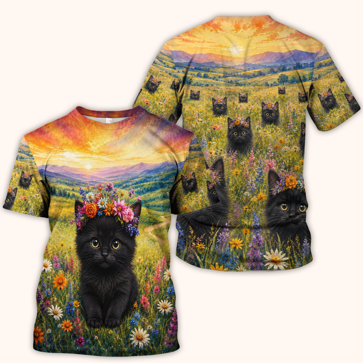 Black Kitten Flower Meadow Nurse Scrub Top for RN, CNA, Veterinary Staff, Cat Lover Uniform