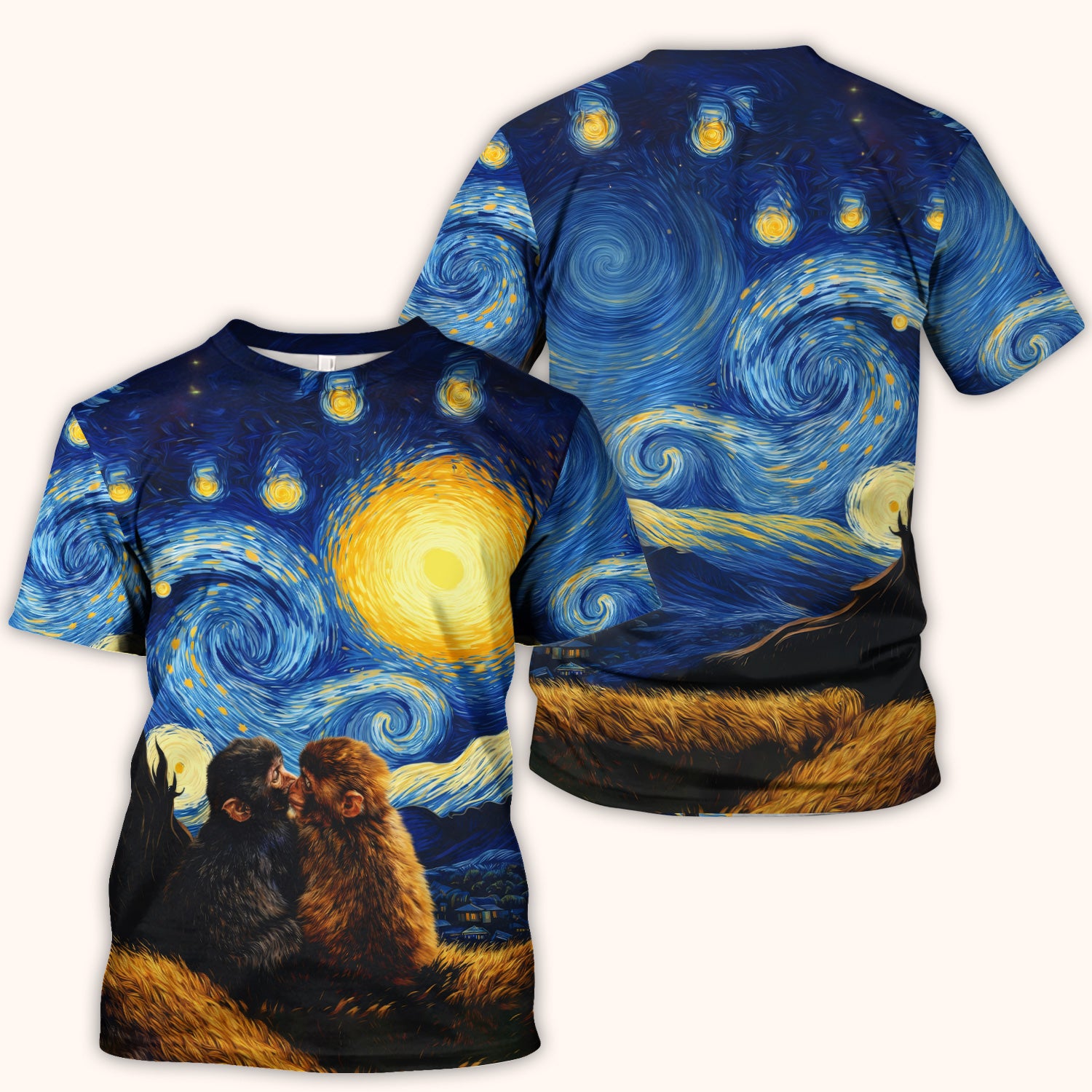 Romantic Monkey Couple Night Sky Pattern Scrub Top, Breathable Fabrics Nursing Uniform