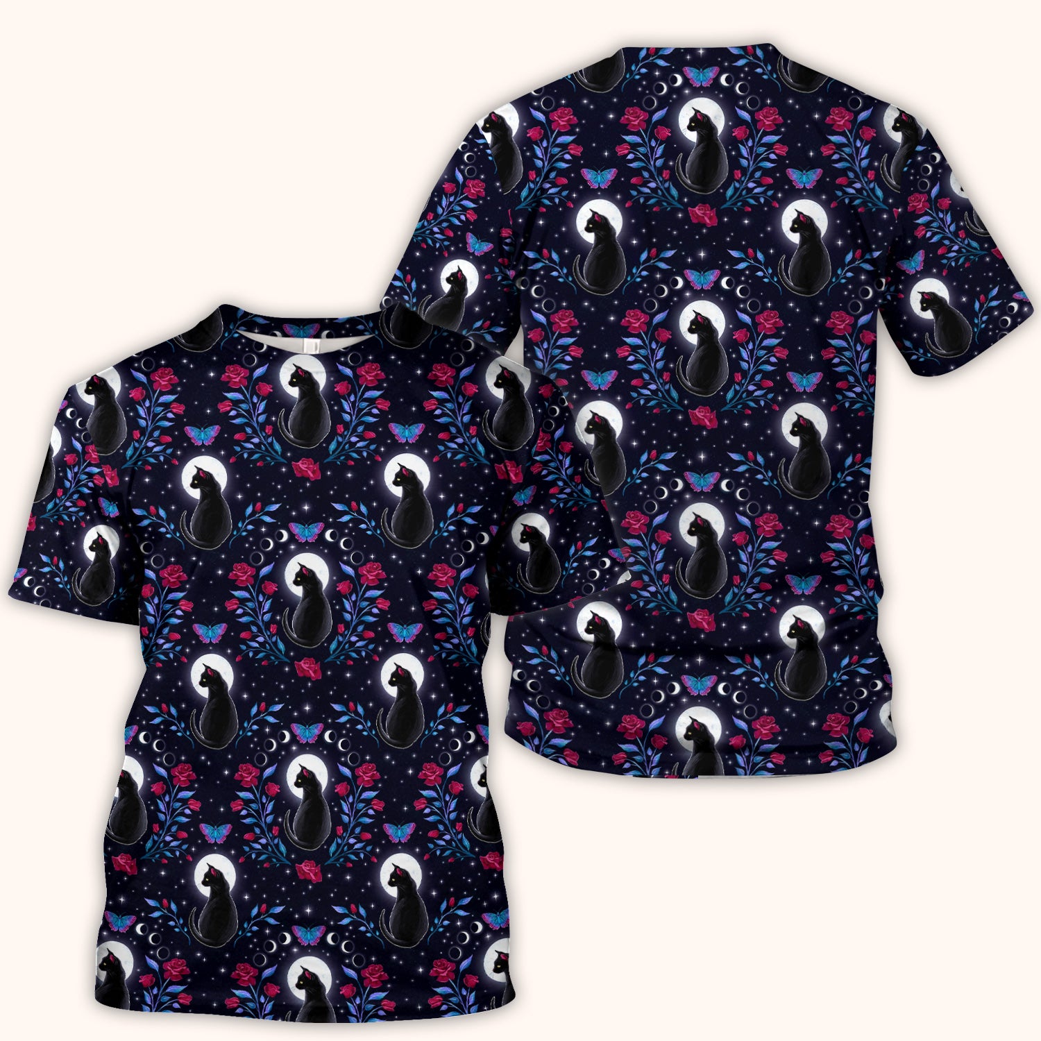 Black Cat Moon Rose Print Scrub Top, Comfortable Scrubs for Nurses
