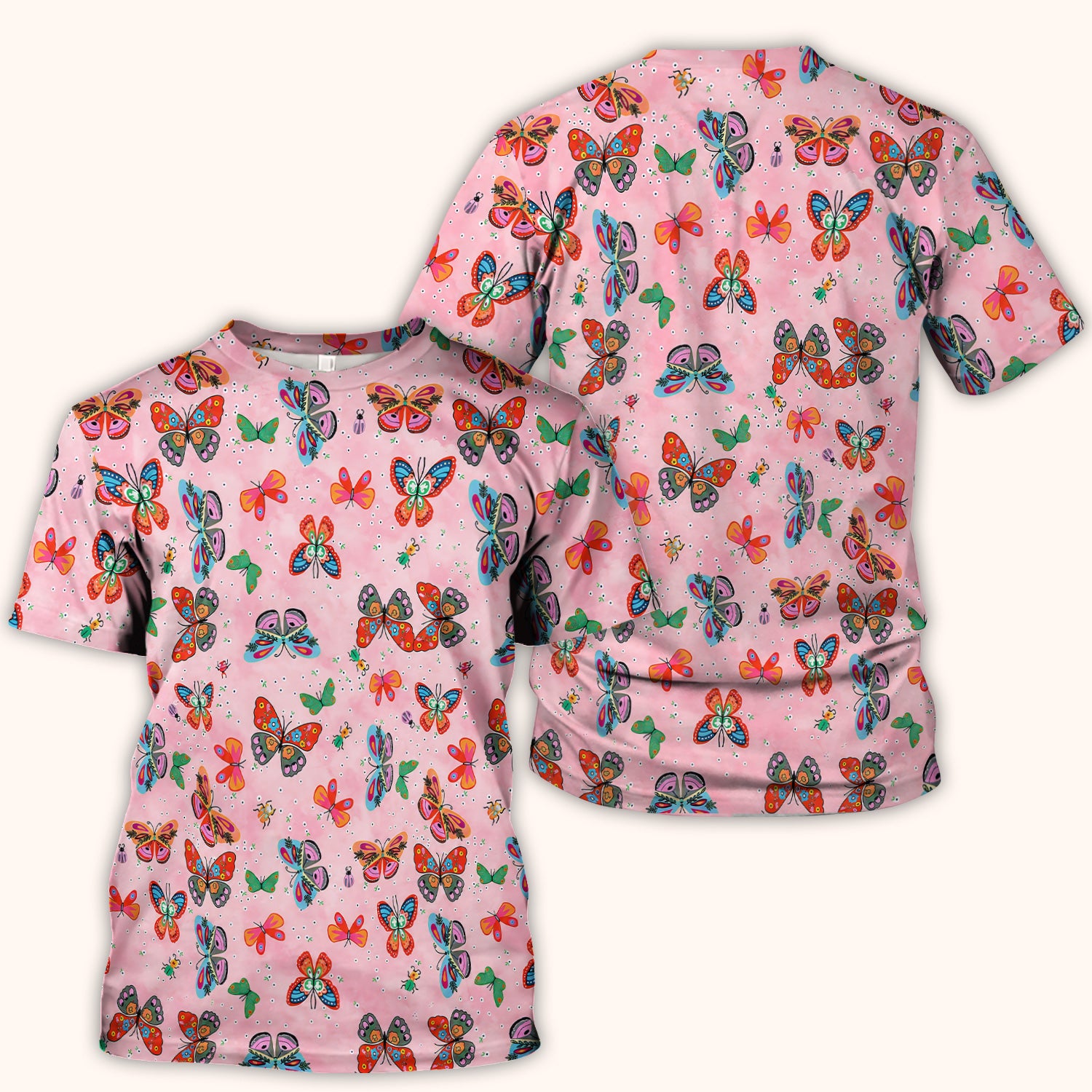Colorful Butterfly Garden Pattern Scrub Top, Breathable Fabrics Nursing Uniform