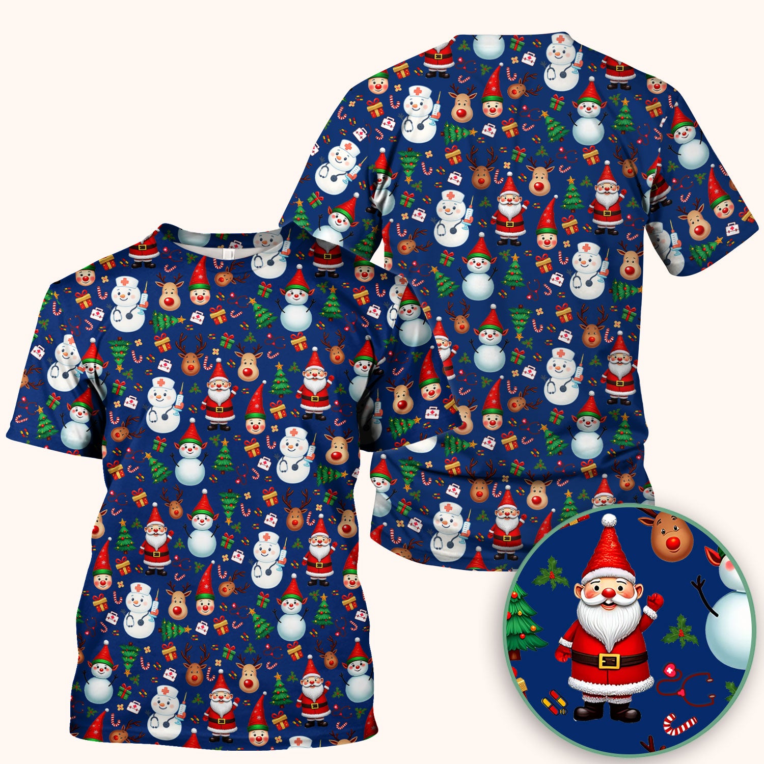 Christmas Scrub Top for Nurses - Cute Snowman Reindeer Santa Pattern - Holiday Medical Uniform RN CNA LPN Gift