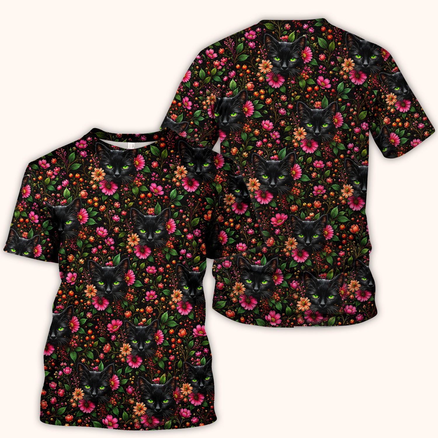 Adorable Black Cat Blossom Pattern Scrub Top, Comfortable Scrubs for Nurses