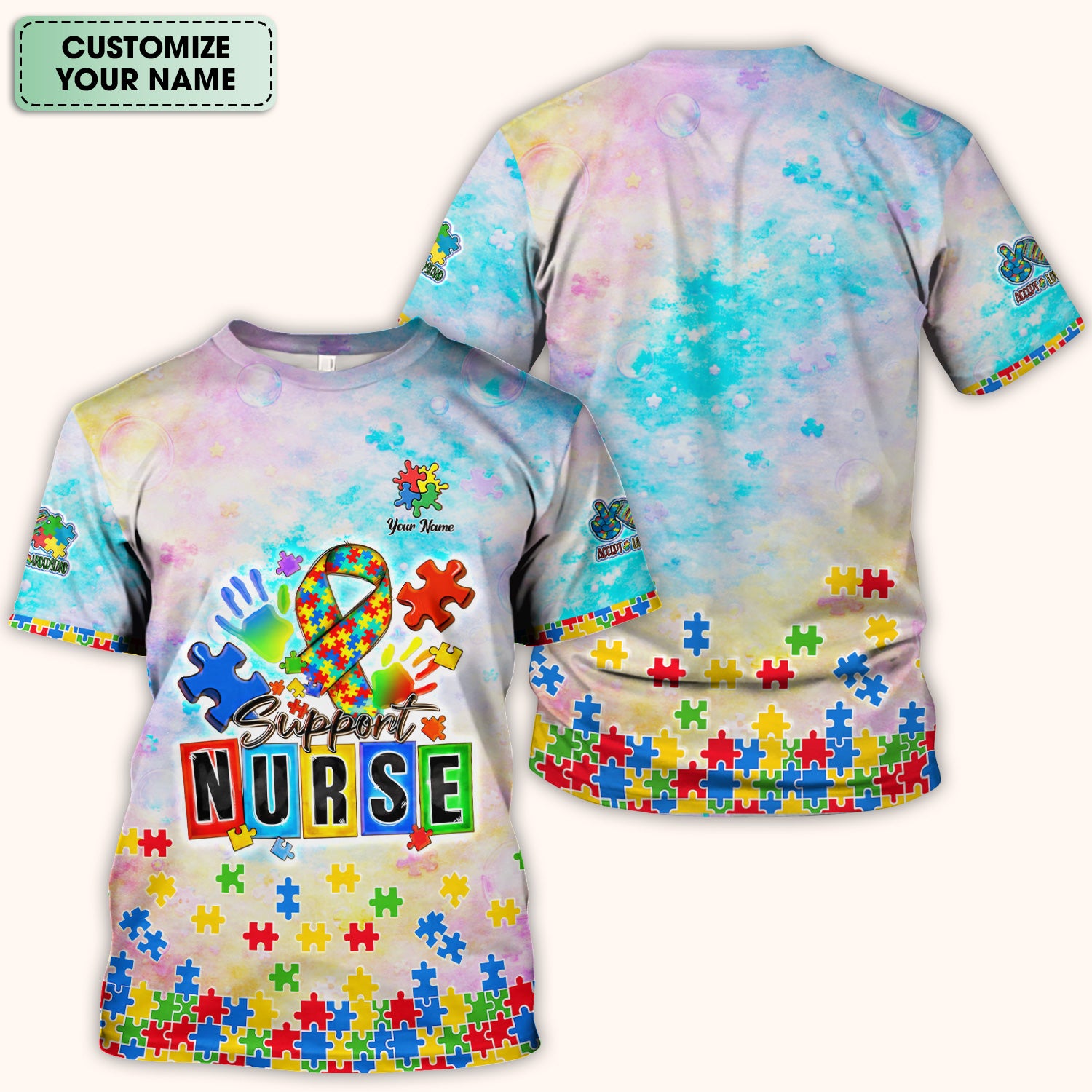 Personalized Inspirational Autism Awareness Nurse Puzzle Ribbon Pattern Scrub Top, Comfortable Scrubs For Nurses