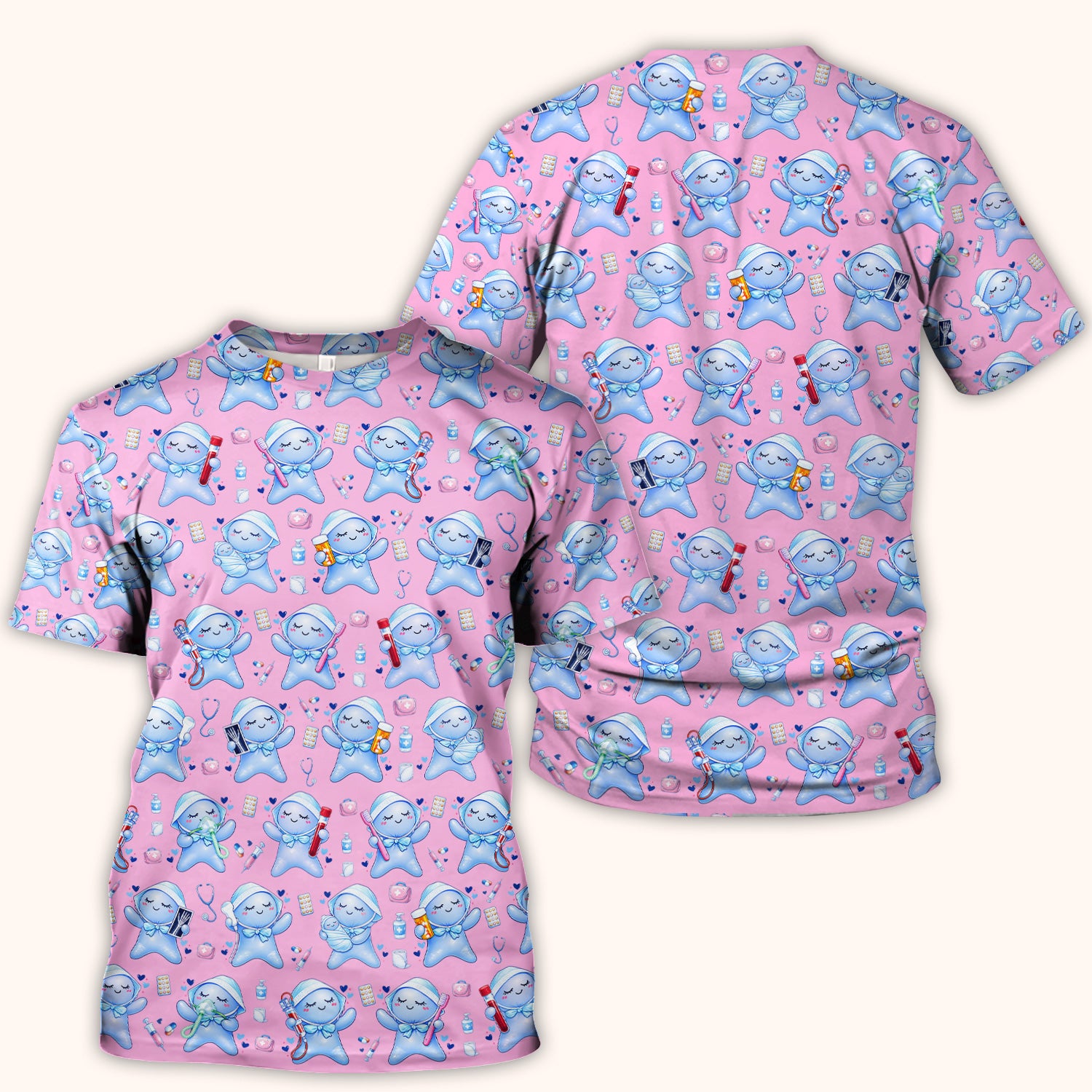 Cute Tooth Character Dental Tools Caring Pattern Scrub Top, Breathable Fabrics Nursing Uniform