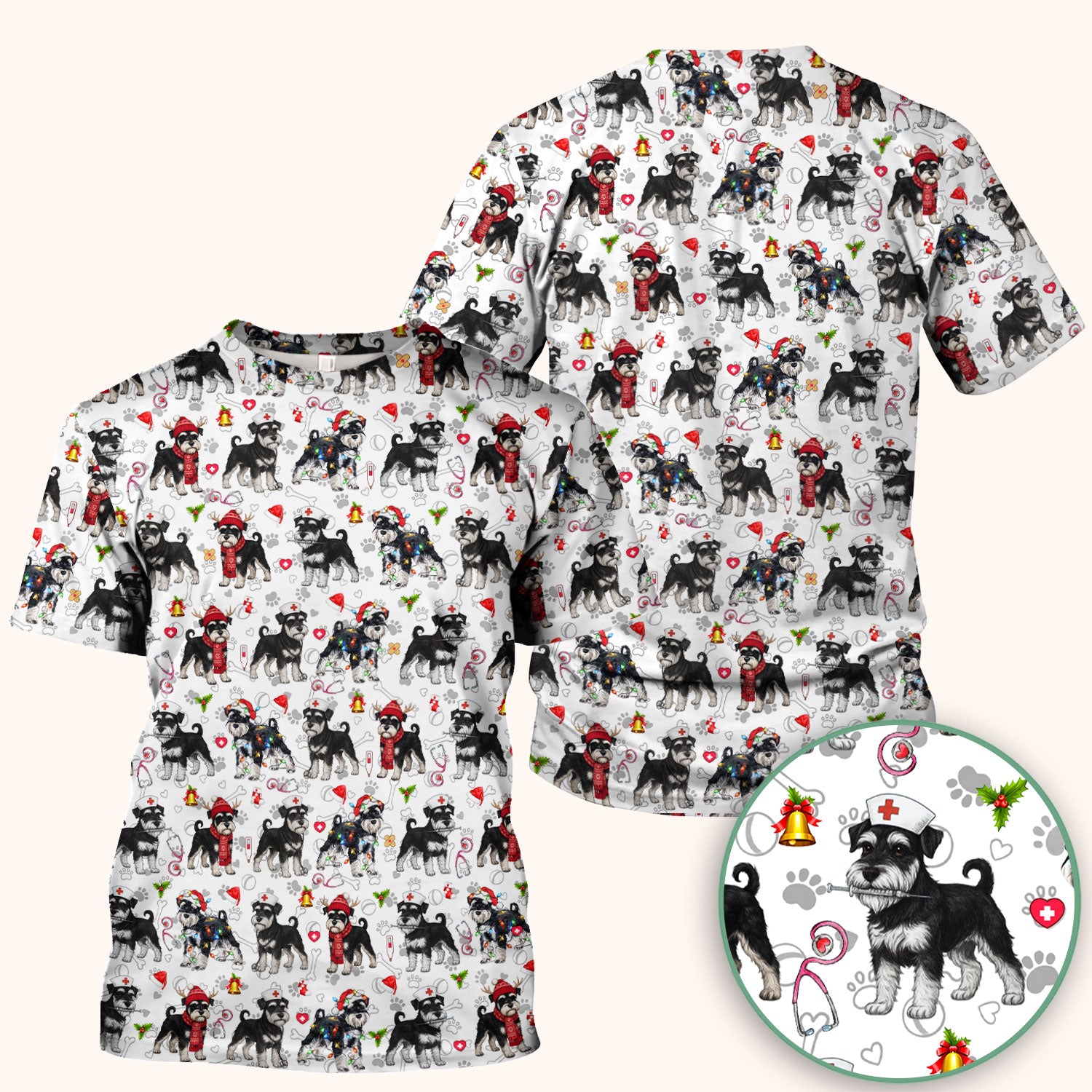 Christmas Schnauzer Scrubs for Nurses - Cute Dog Holiday Scrub Top - Funny Santa Nursing Medical Shirt for Women