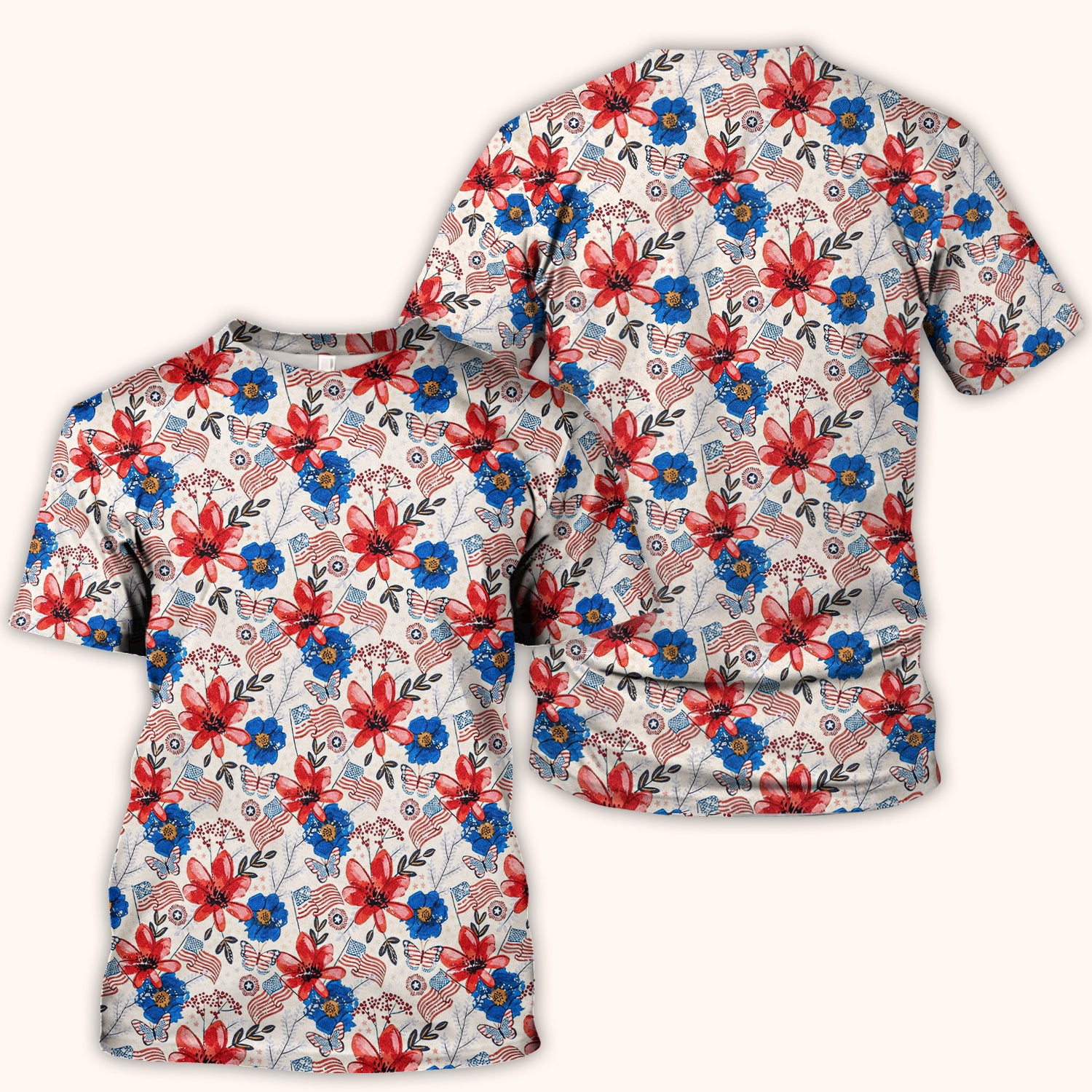 Patriotic Floral Flag Butterfly Pattern Scrub Top, Comfortable Scrubs for Nurses