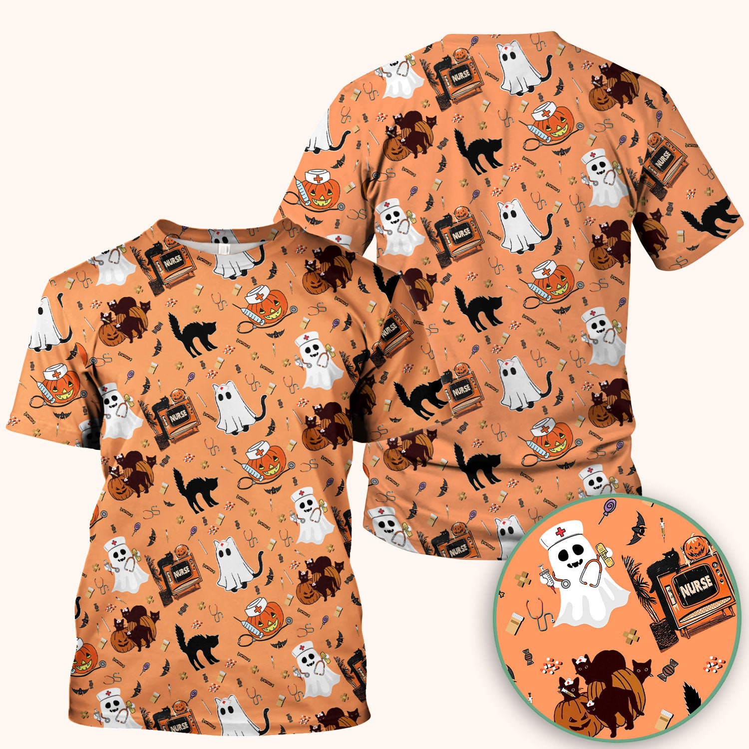 Halloween Scrub Top for Nurse - Cute Pumpkin Ghost Cat Medical Shirt - Spooky Scrubs for Women RN CNA LPN