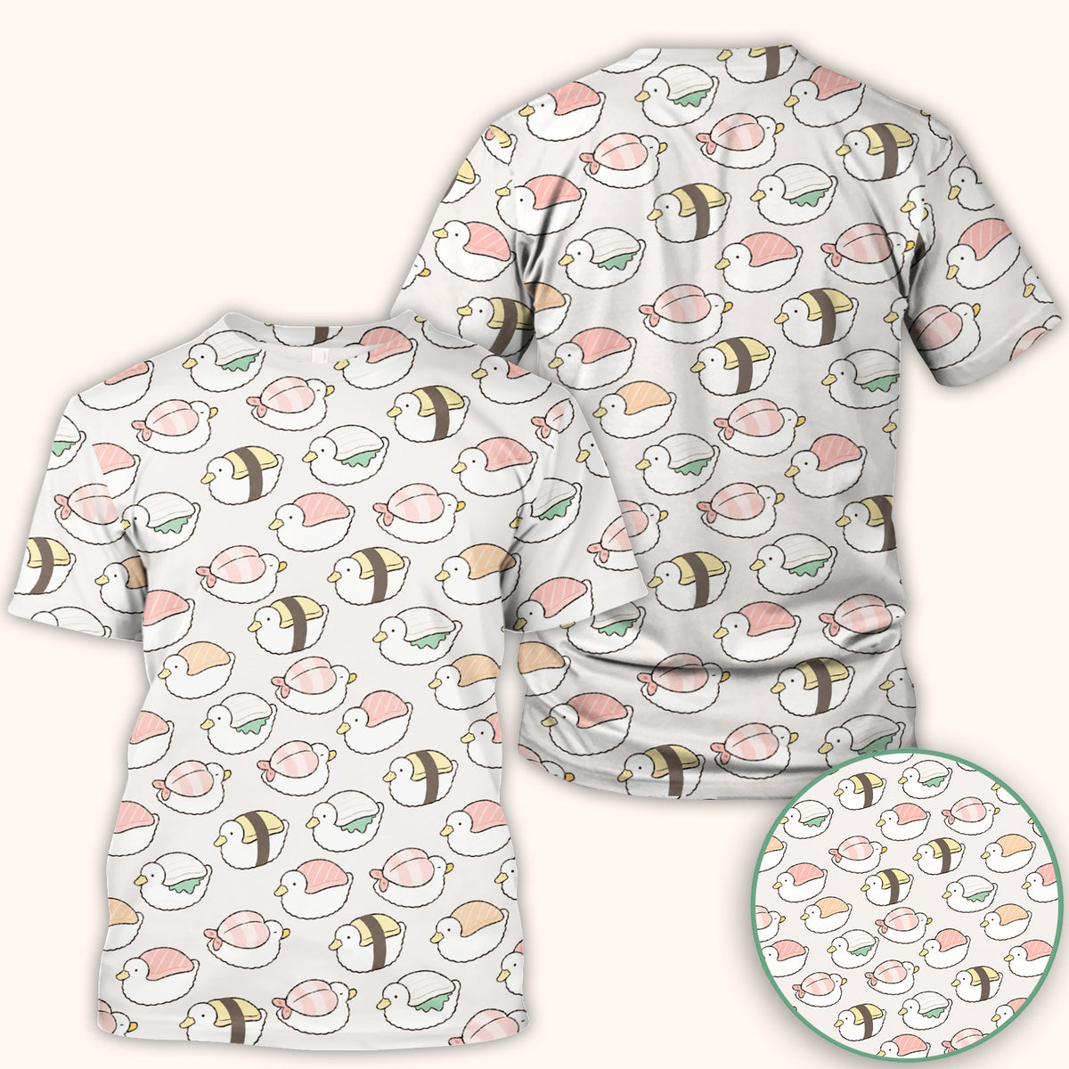 Cute Nigiri Sushi Ducks Pattern Scrub Top, Comfortable Scrubs for Nurses