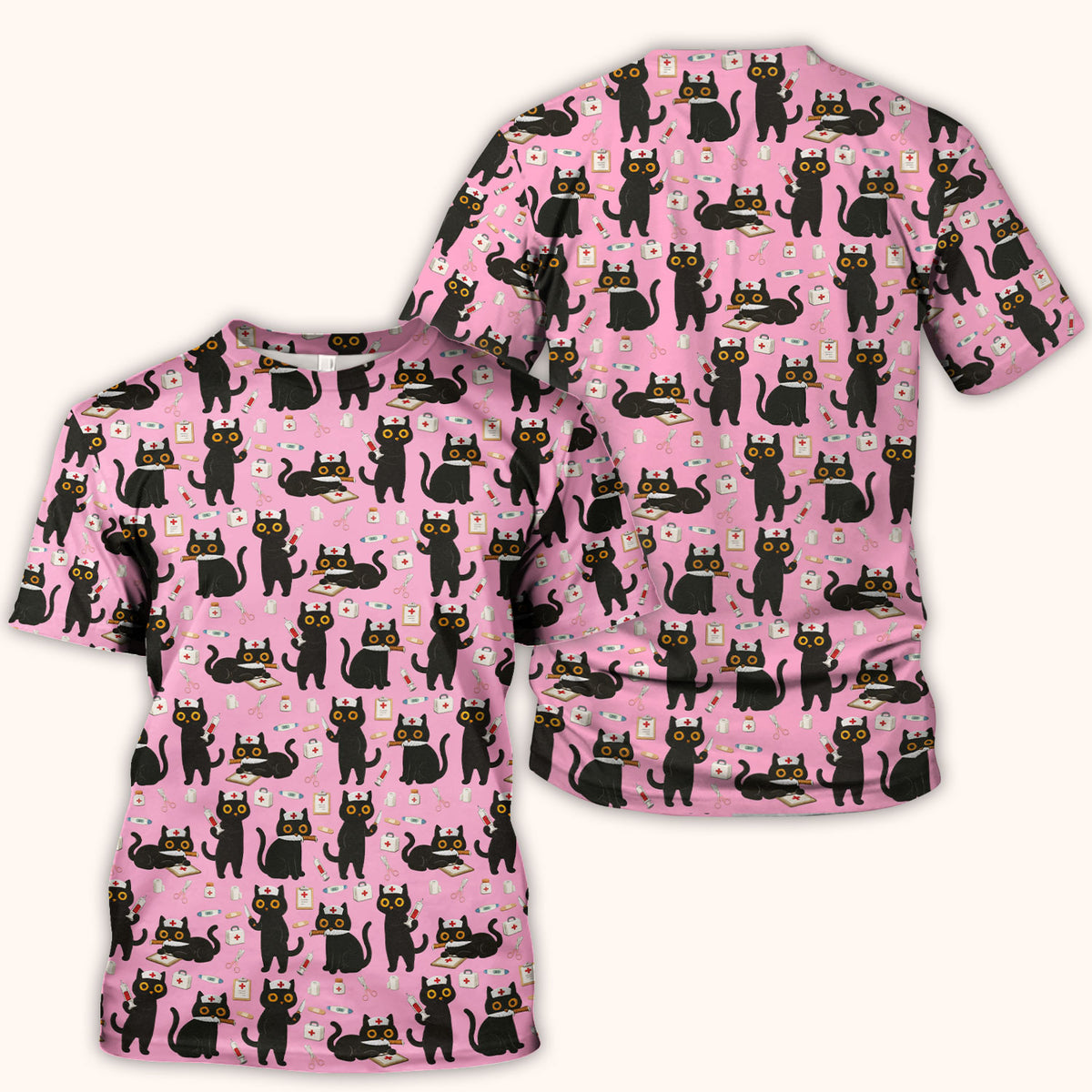 Cute Black Cat Nurse Pattern Scrub Top, Comfortable Scrubs for Nurses