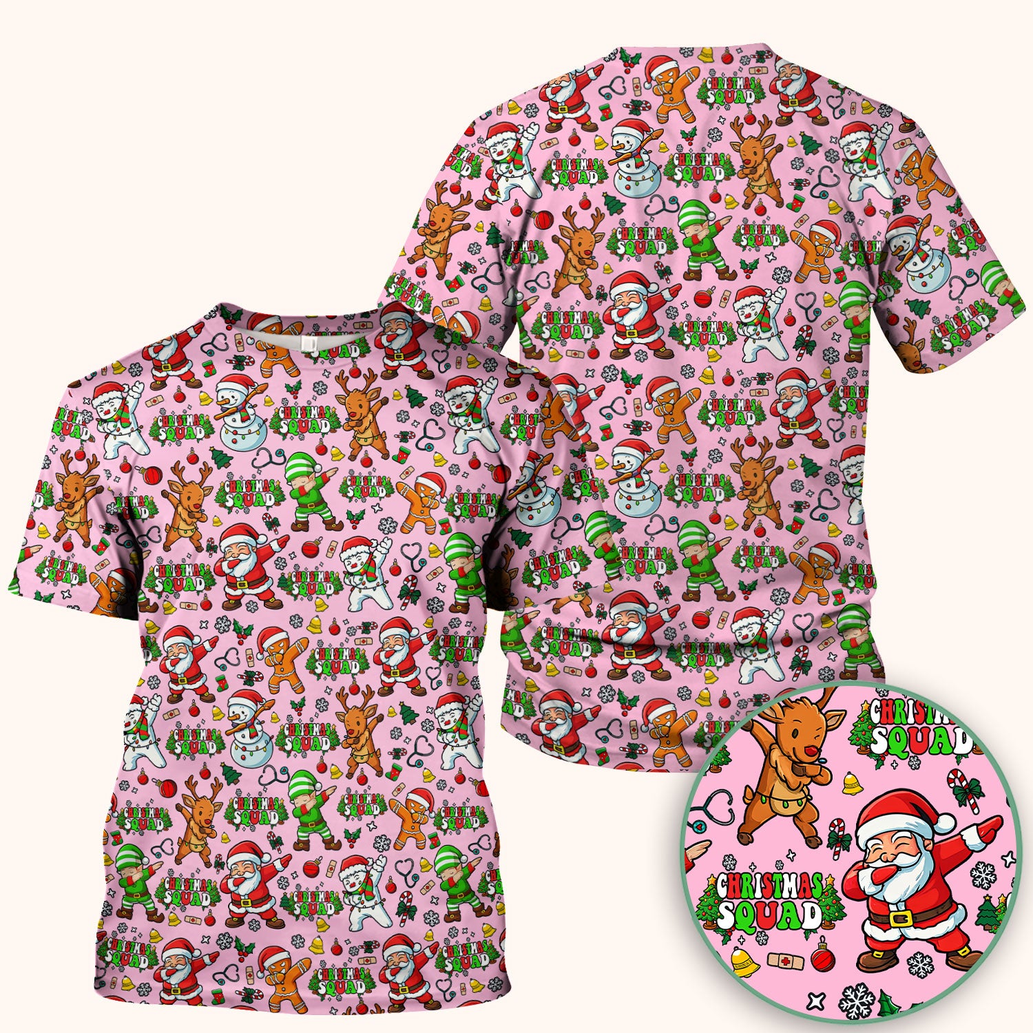 Christmas Squad Scrub Top - Dancing Santa, Reindeer & Elf Shirt - Funny Holiday Medical Uniform for Nurses, Doctors & Vet Techs