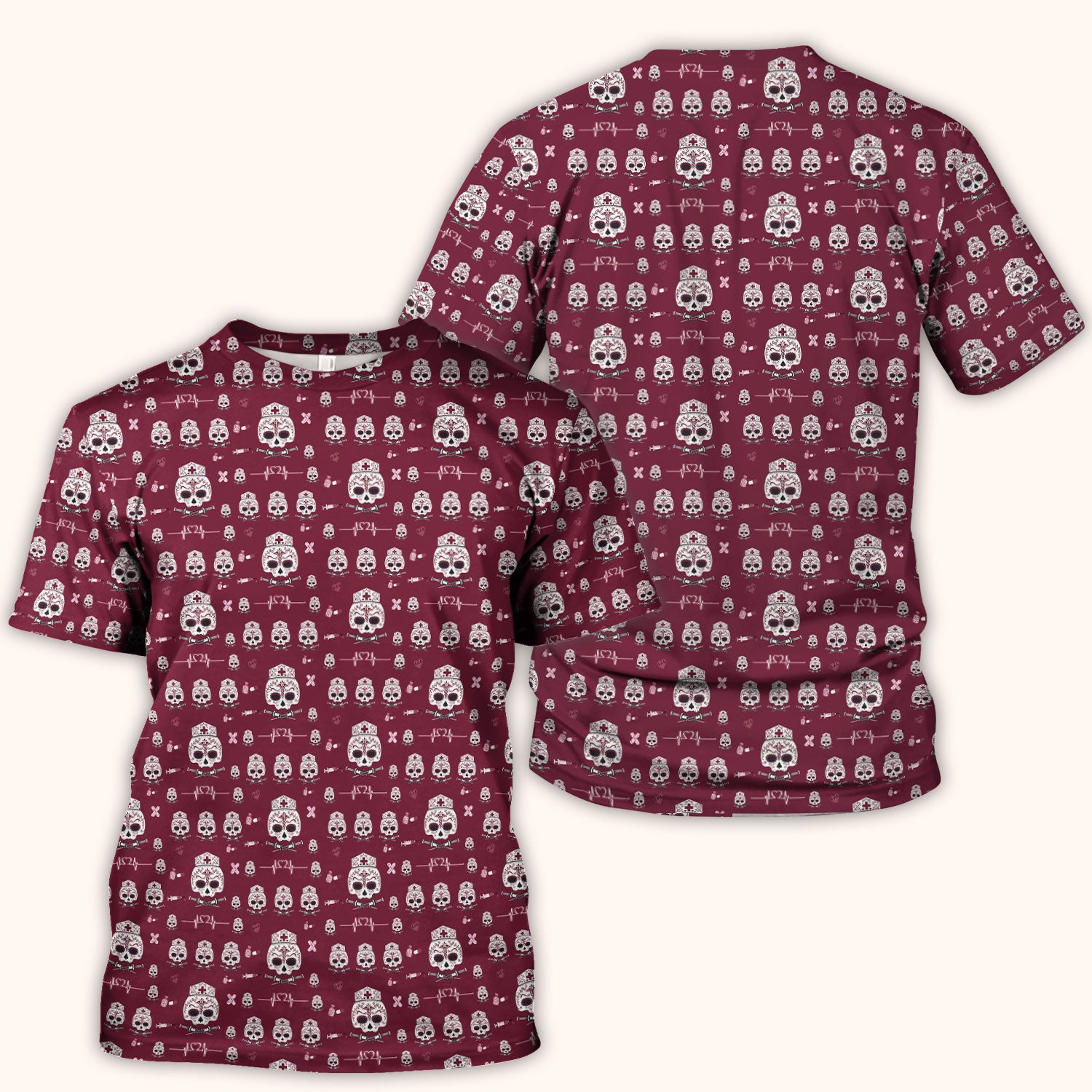 Sugar Skull Scrub Top, Skull Pattern Scrub Shirt, Breathable Fabrics Nursing Uniform