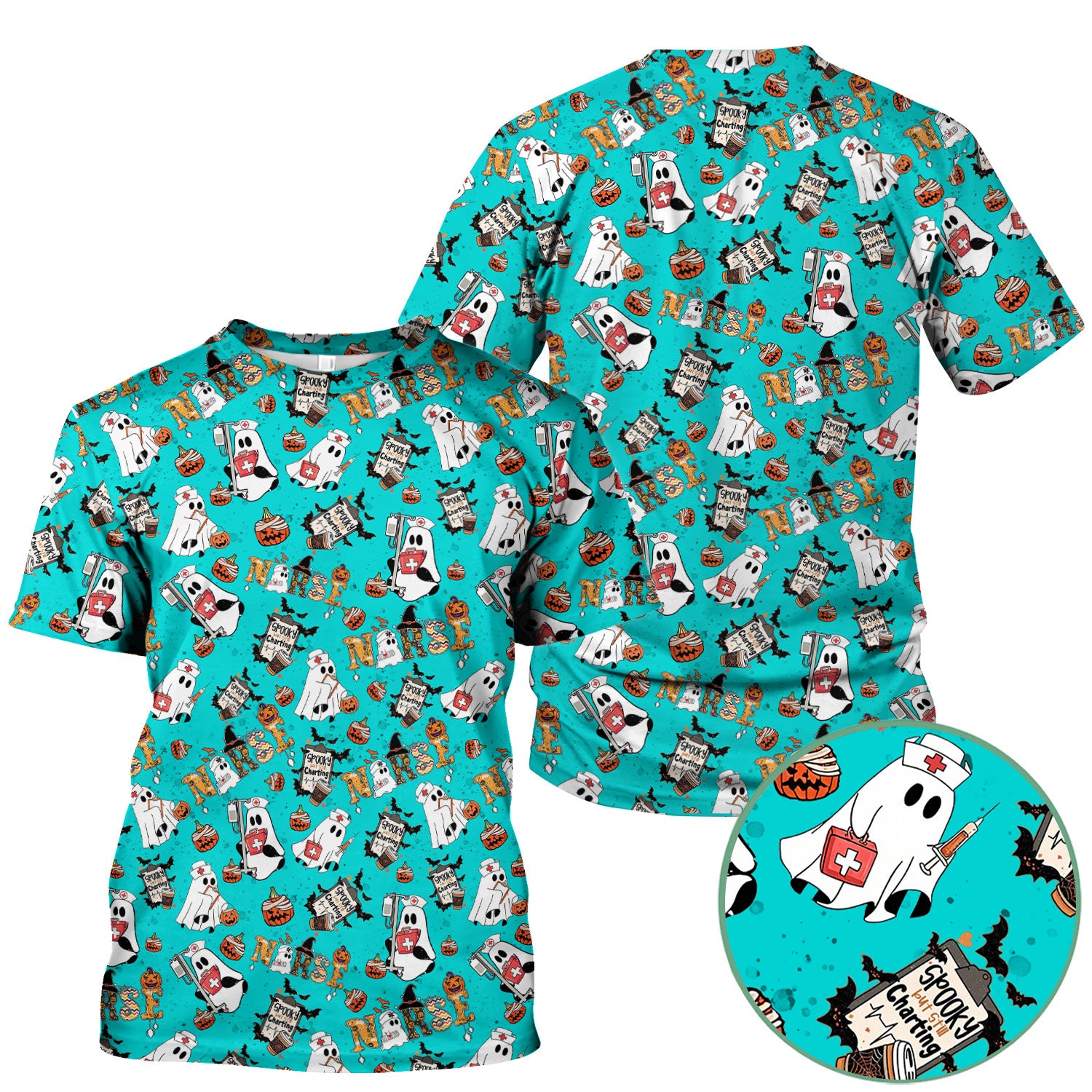 Spooky But Still Charting Halloween Scrub Top - Comfortable Scrubs for Nurses - Funny Boo Pumpkin Nursing Uniform