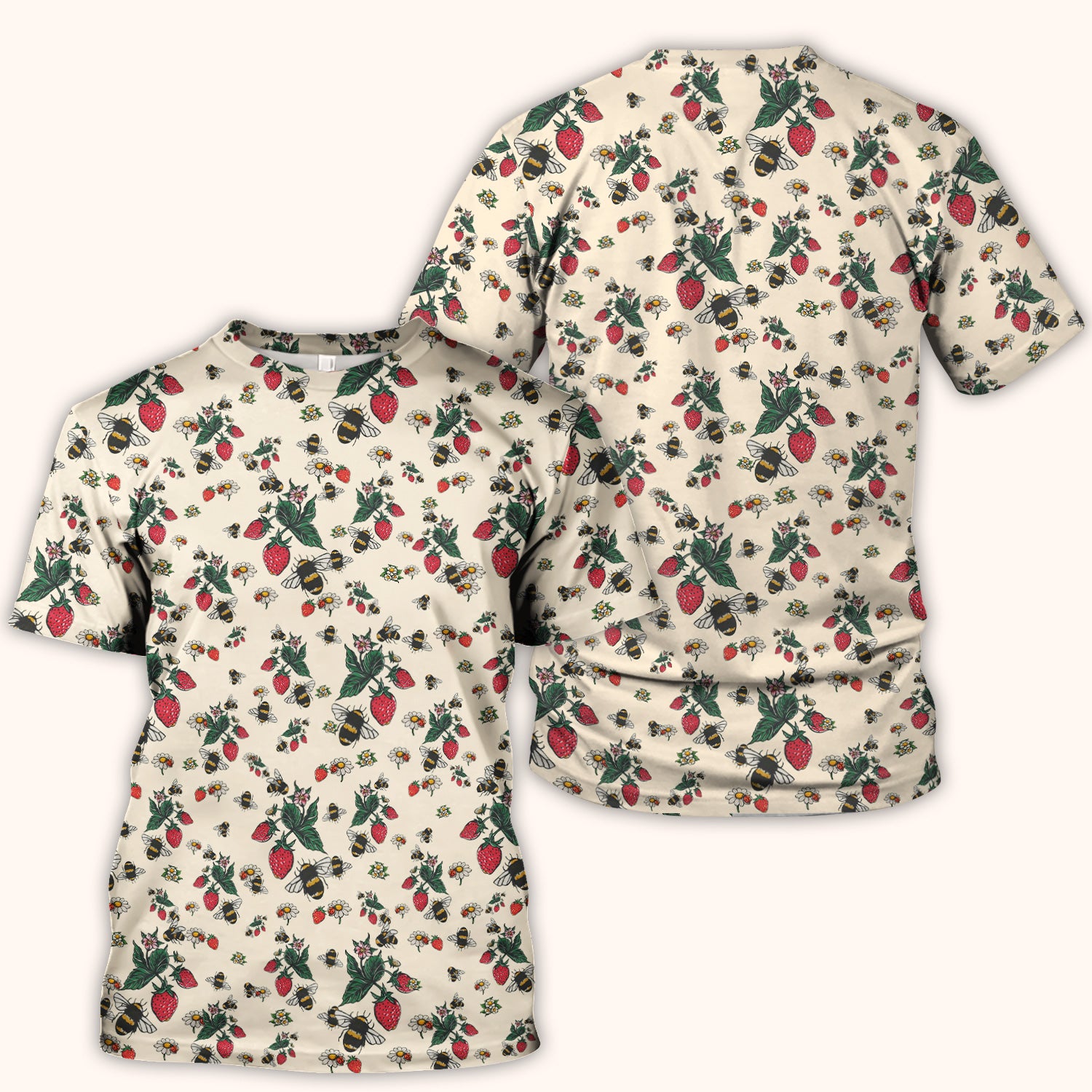 Cute Strawberry Bee Daisy Floral Pattern Scrub Top, Comfortable Scrubs for Nurses