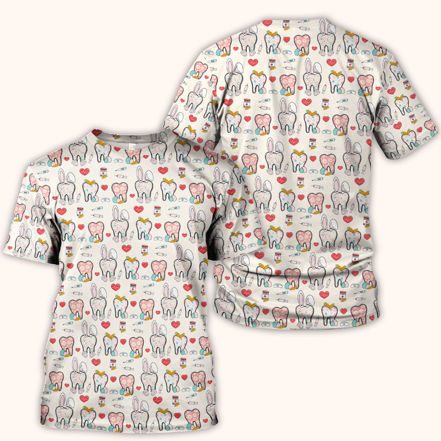 Playful Bunny Dentist Illustration Medical Scrub Top, Comfortable Scrubs for Nurses, Easter