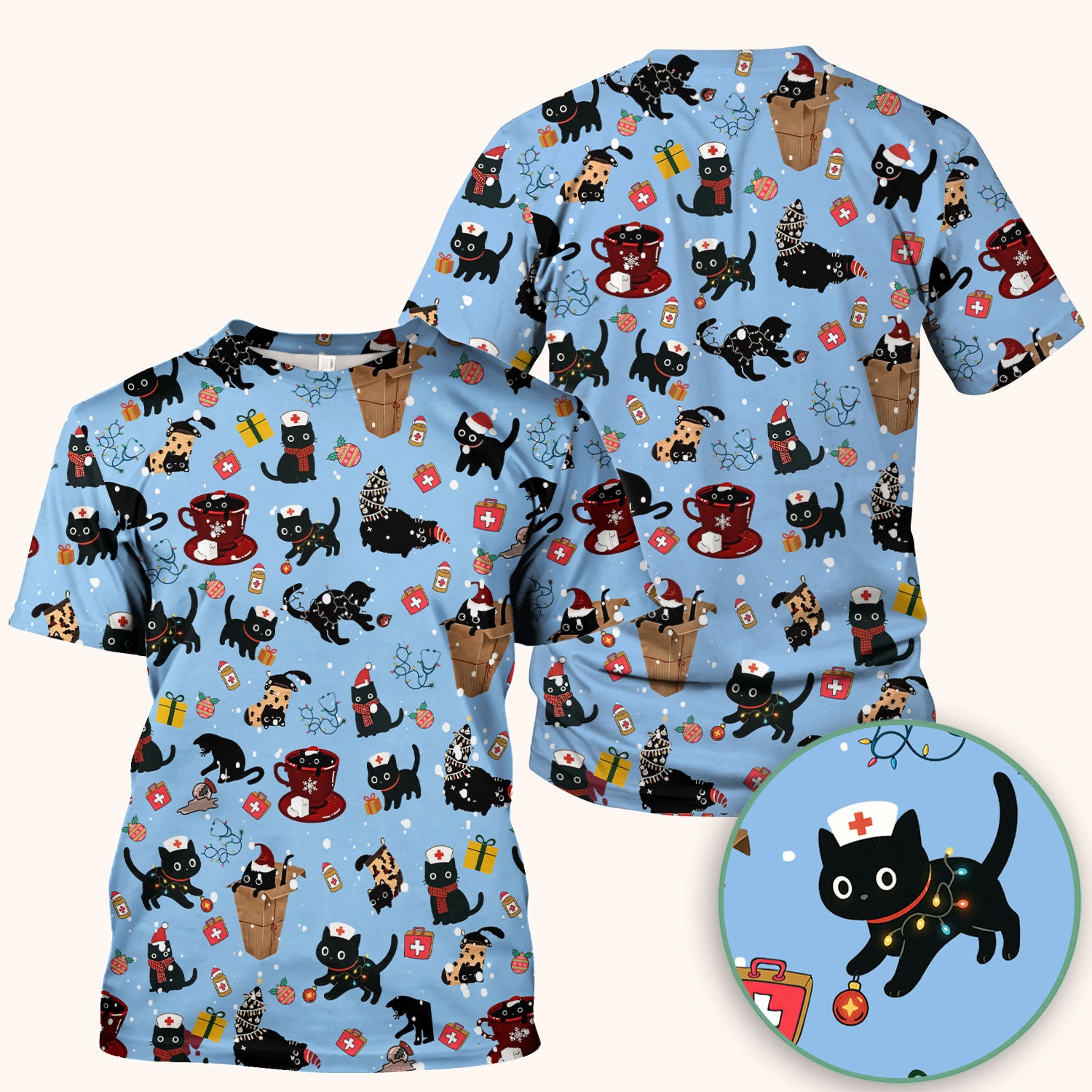 Christmas Cat Scrub Top for Nurse - Funny Black Cats Shirt - Cute Holiday Medical Uniform for Women